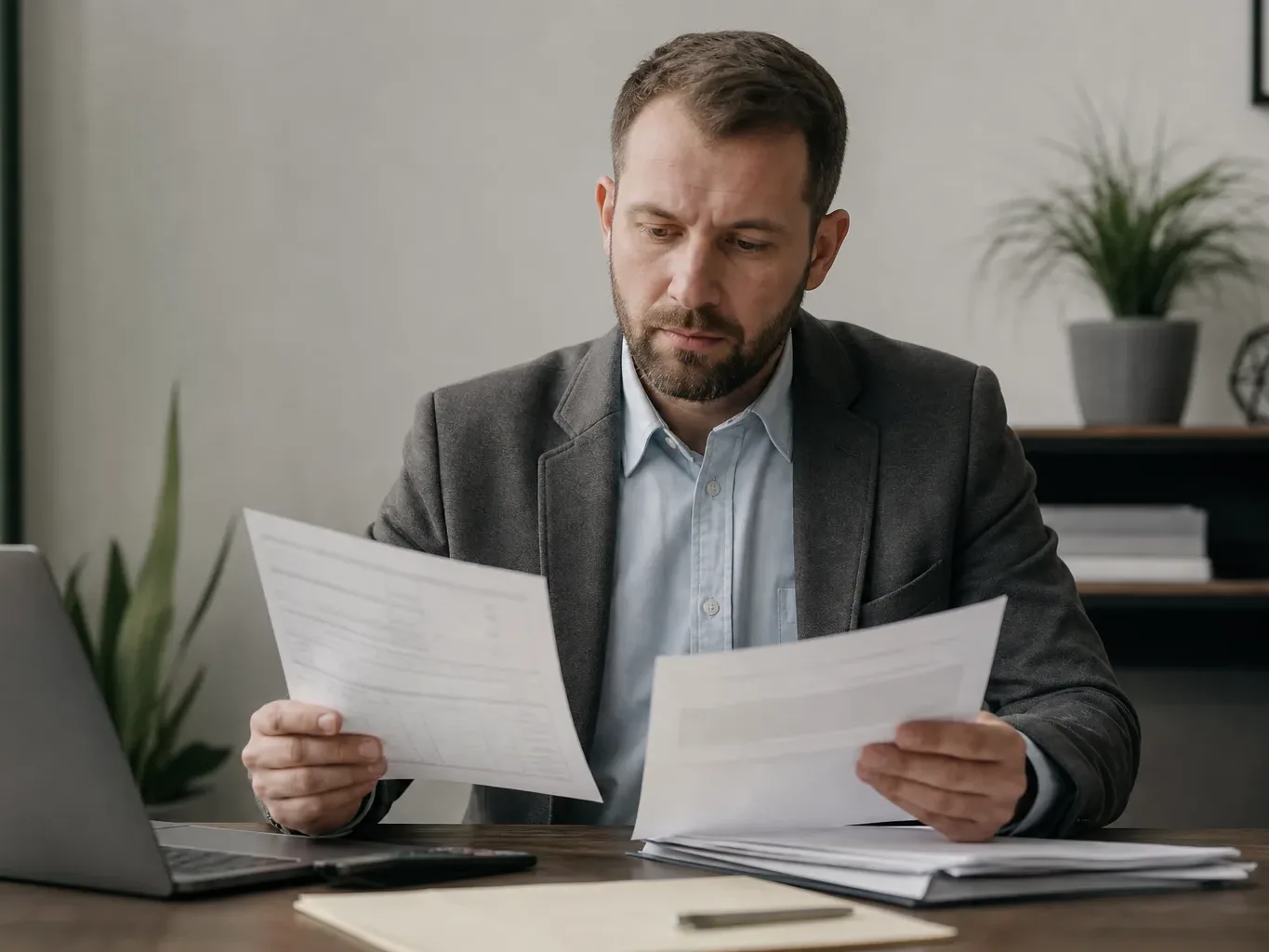 A loan officer cross-referencing a pay stub with a credit report printout on a desk