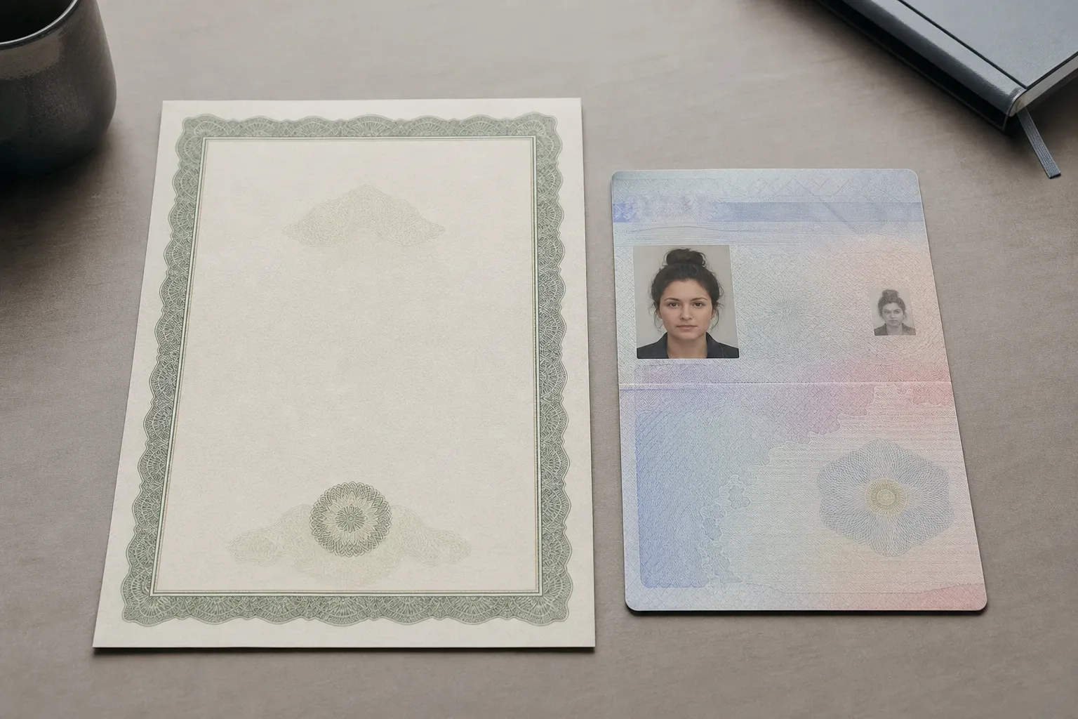 Two documents placed side by side on a desk — a citizenship certificate and a residency permit