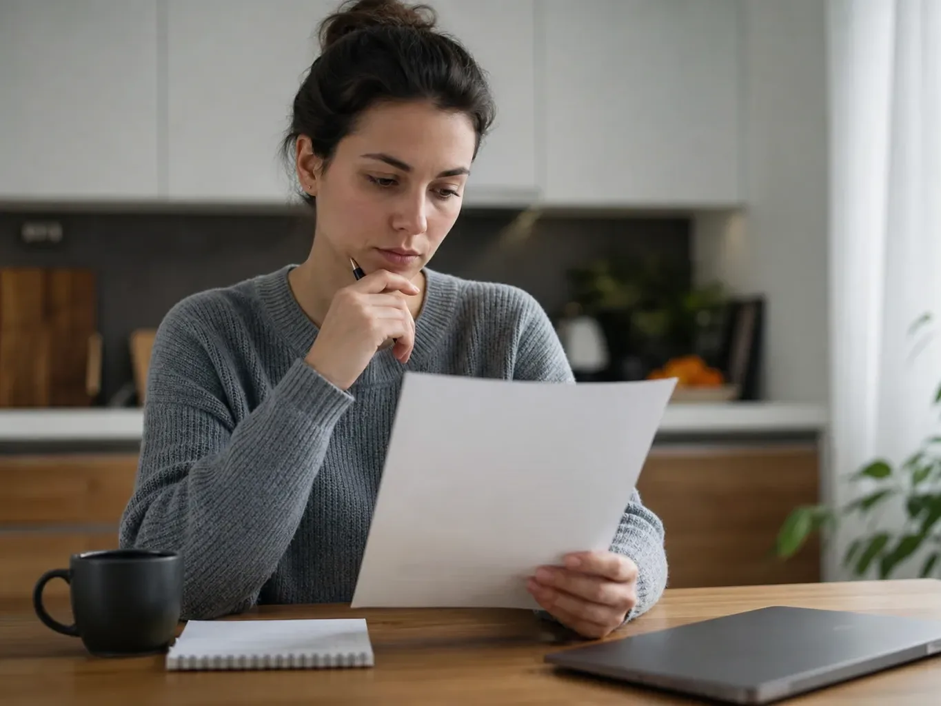 A person holding a pen while reading a printed FAQ sheet at a kitchen table