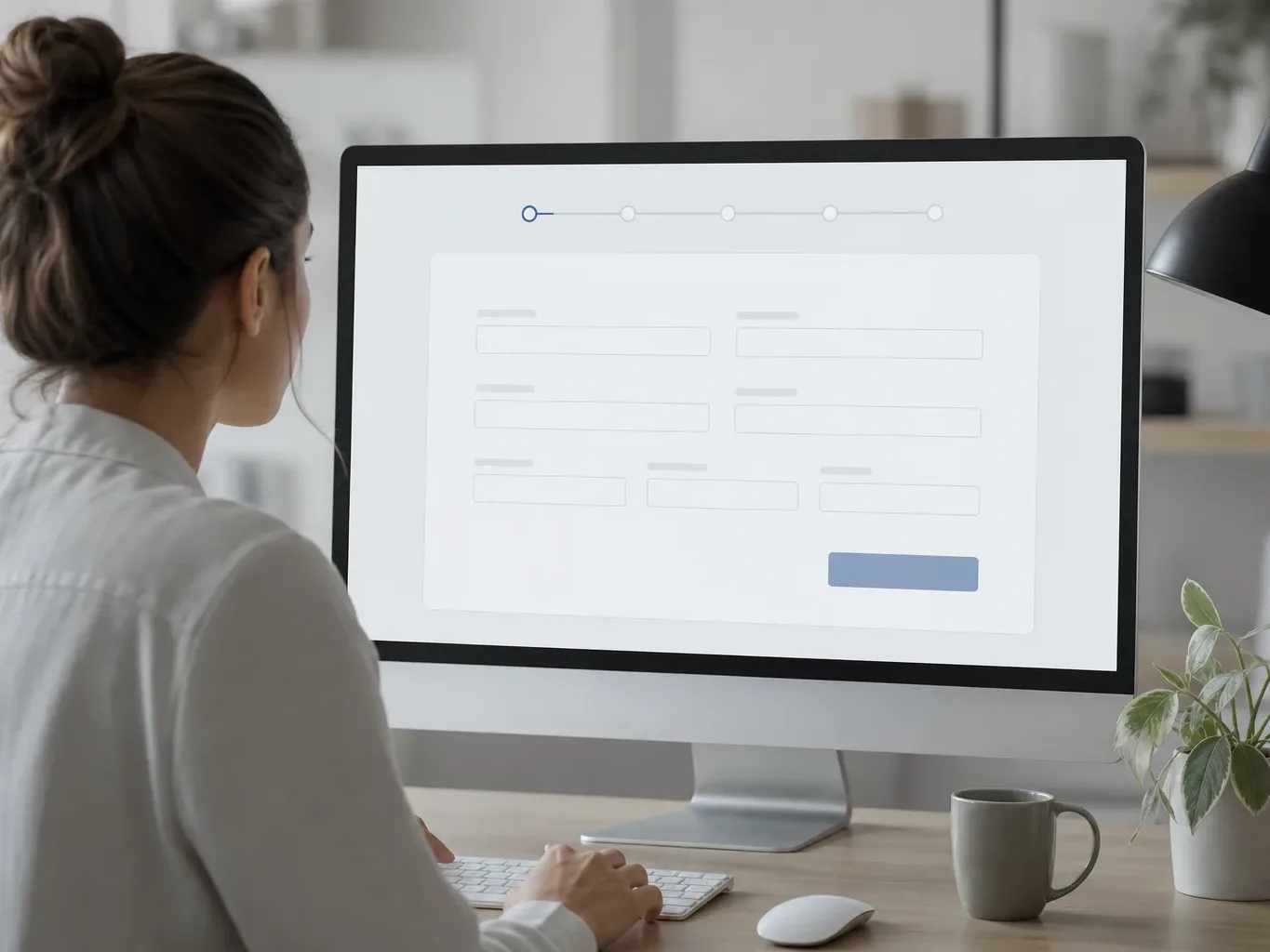 A person with hair in a bun sits at a desk typing on a keyboard, viewing a multi-step form on a large monitor.