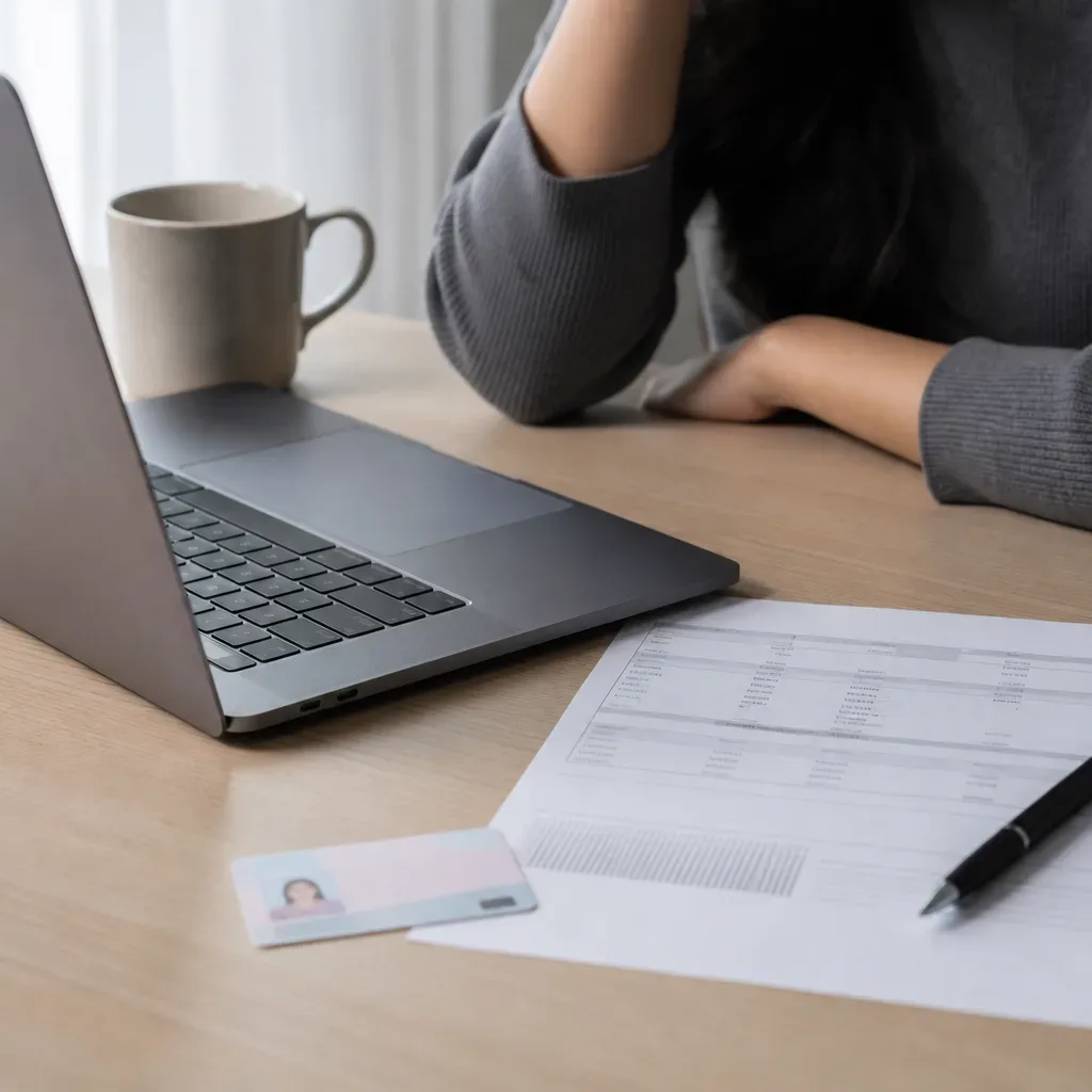 A laptop, a printed payslip, an ID card and a pen arranged together on a table