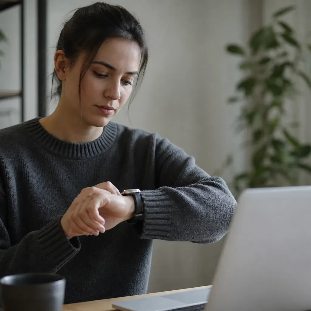 A person glancing at a wristwatch while waiting in front of an open laptop