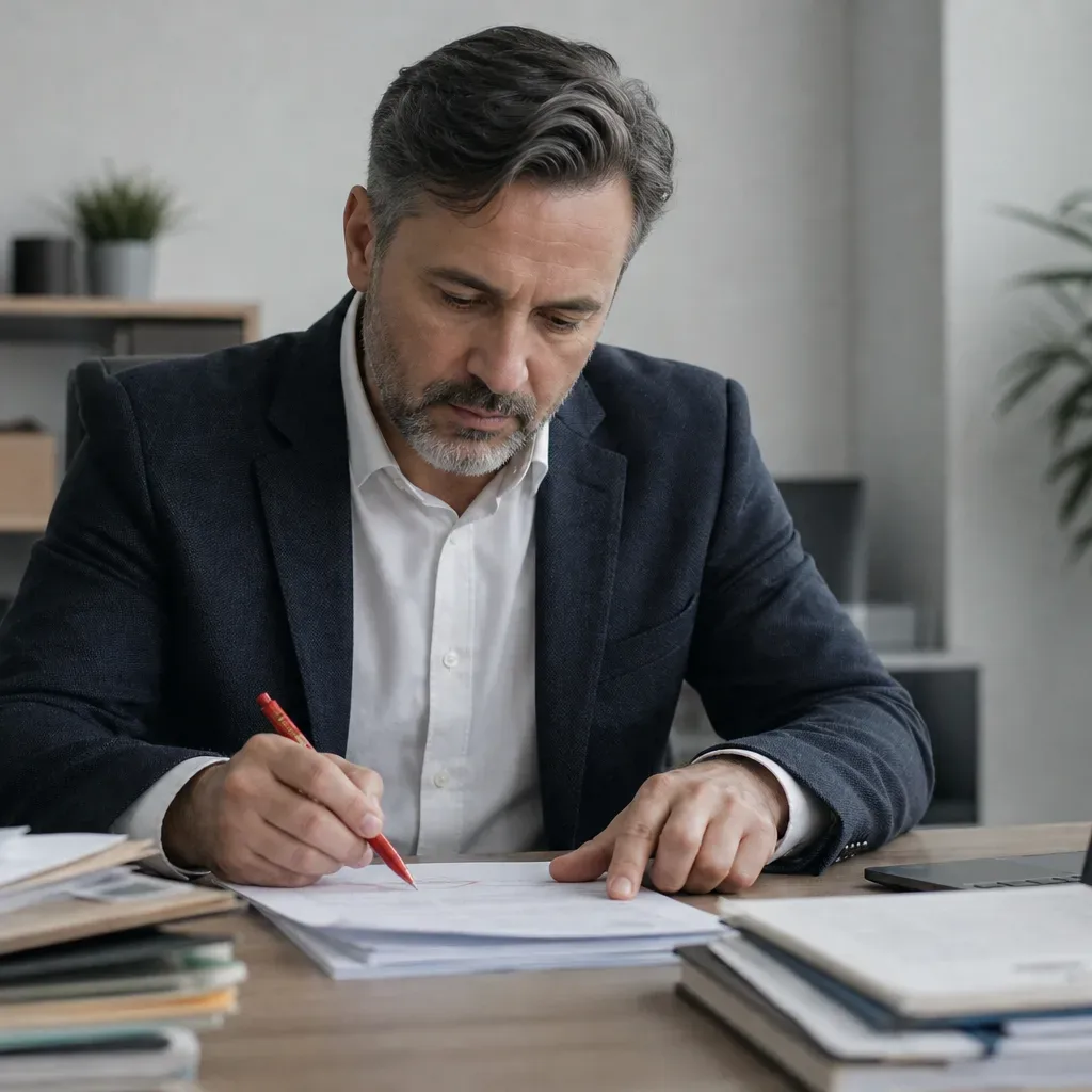 A financial officer annotating an applicant's file with a red pen at a desk