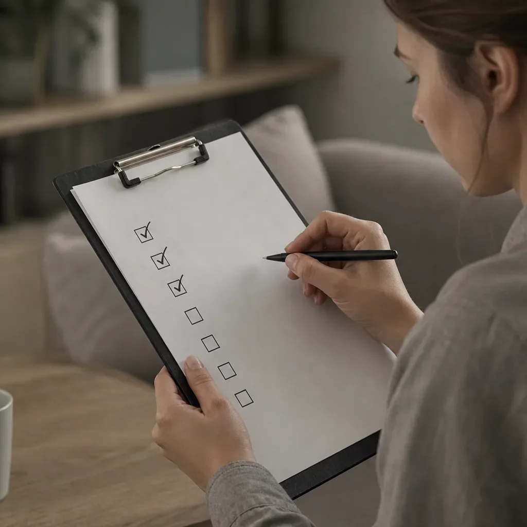 A numbered checklist on a clipboard being ticked off one item at a time by a hand