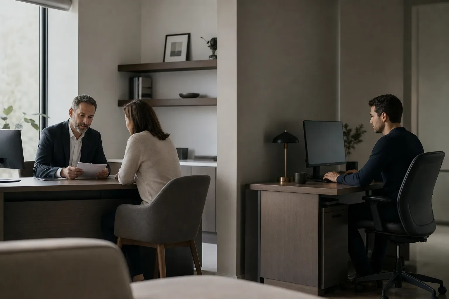 Two separate desks, one with a broker and client and one with a person alone on a computer, shown in a split composition