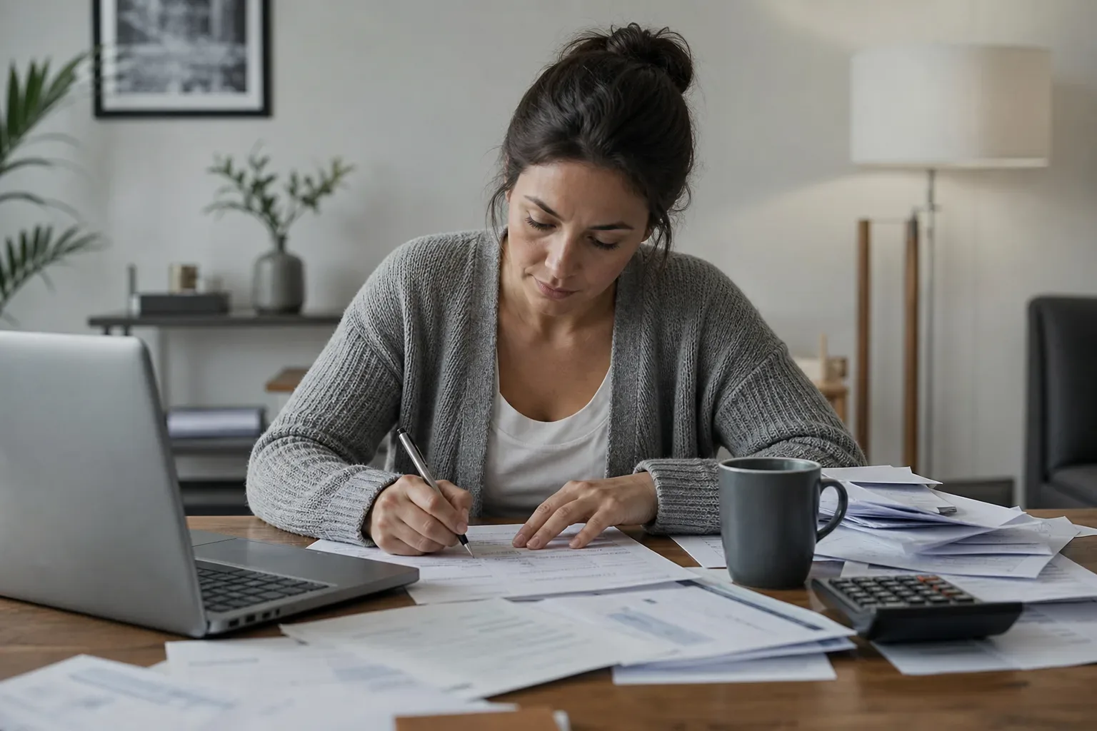 A self-employed person surrounded by invoices and a tax return printout while completing a form