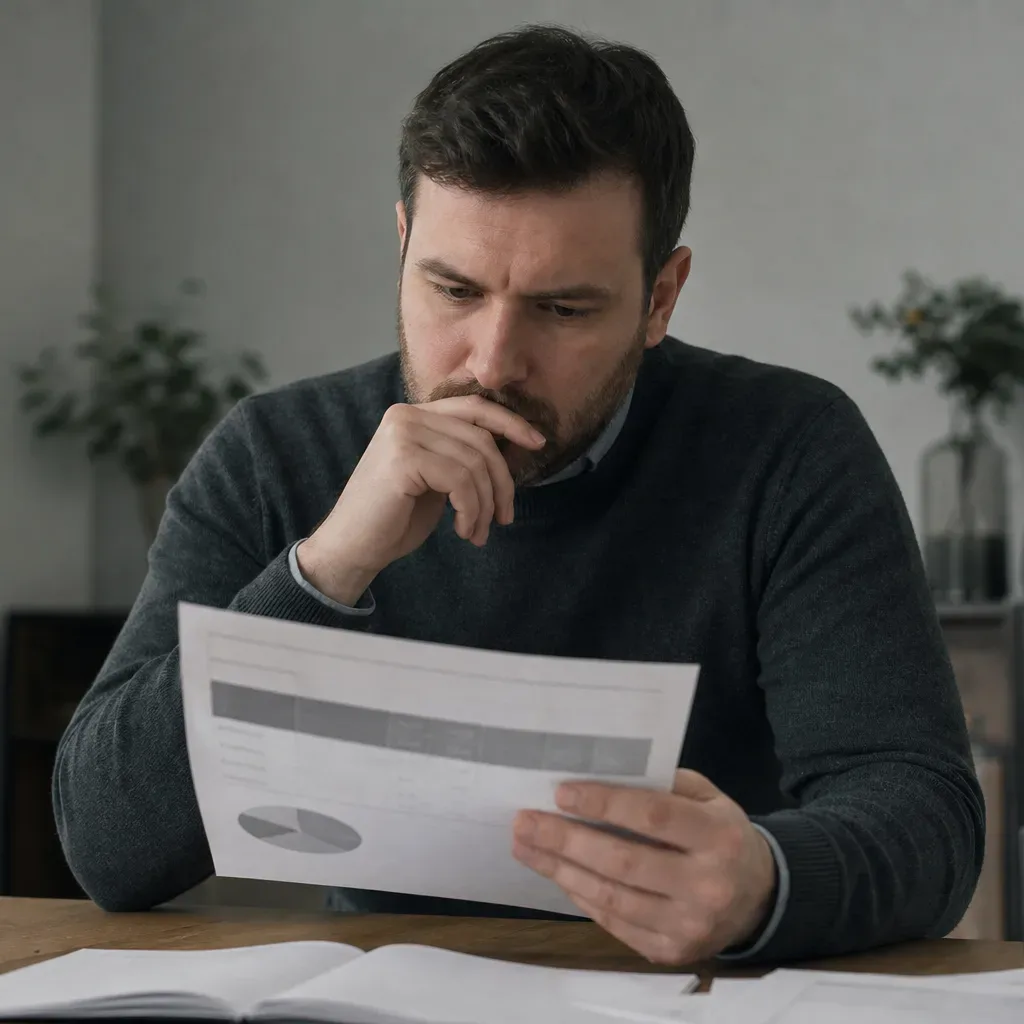 A person examining a monthly repayment breakdown on a printed financial summary sheet