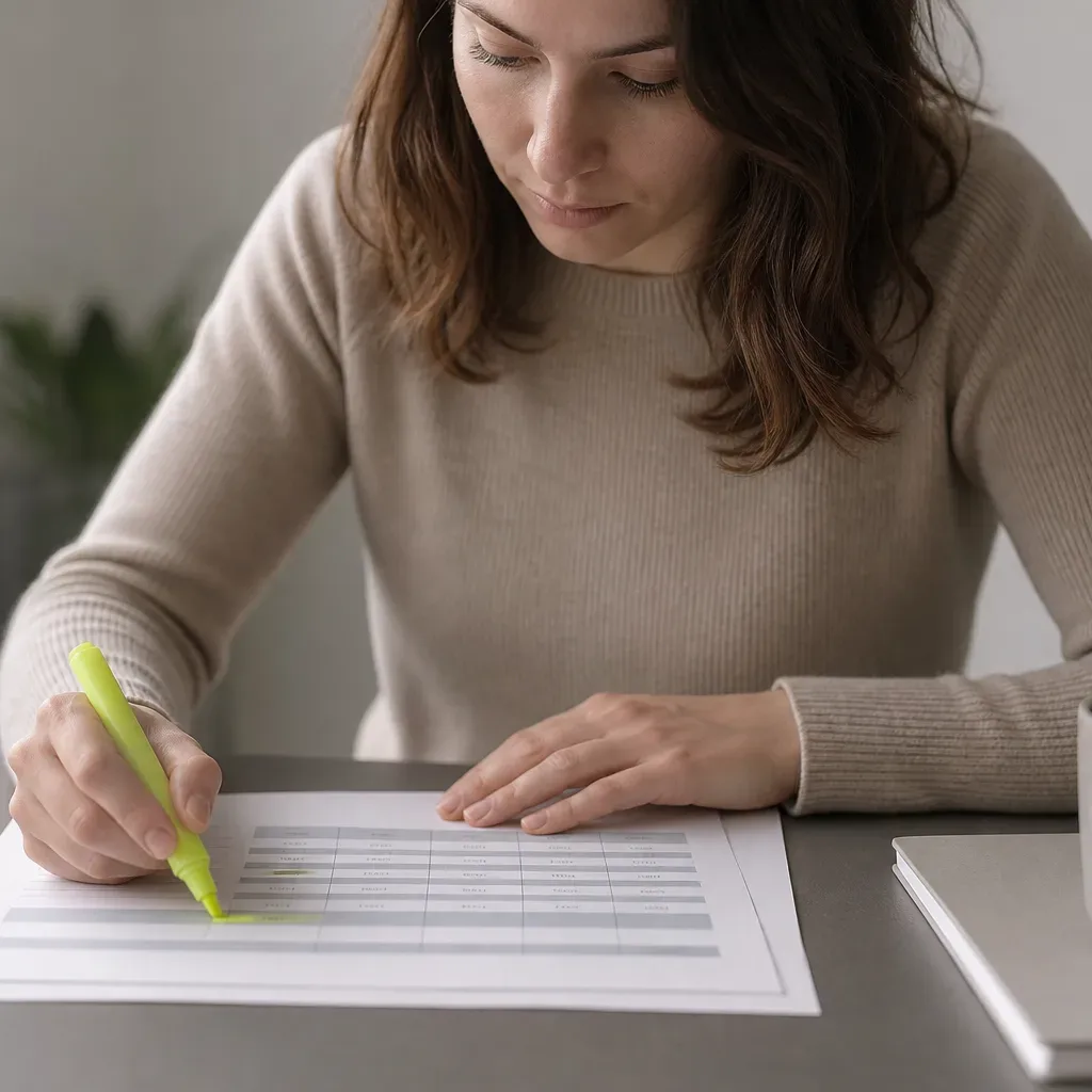 A hand using a highlighter to mark the lowest rate on a printed comparison table