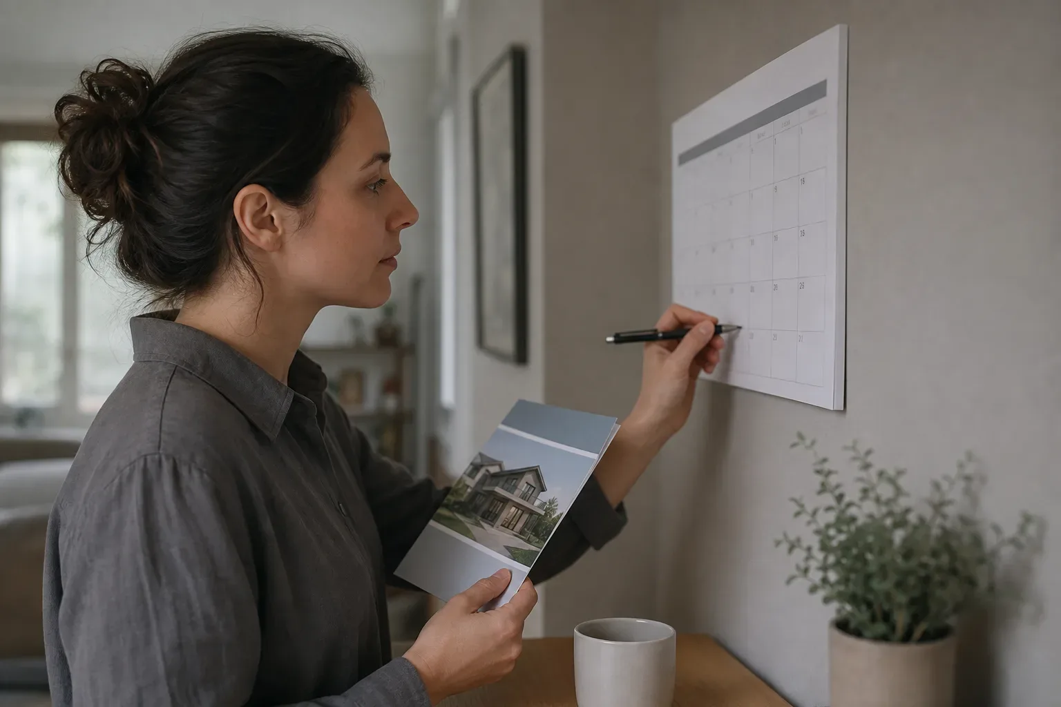 A person checking a wall calendar while holding a pen and a loan brochure