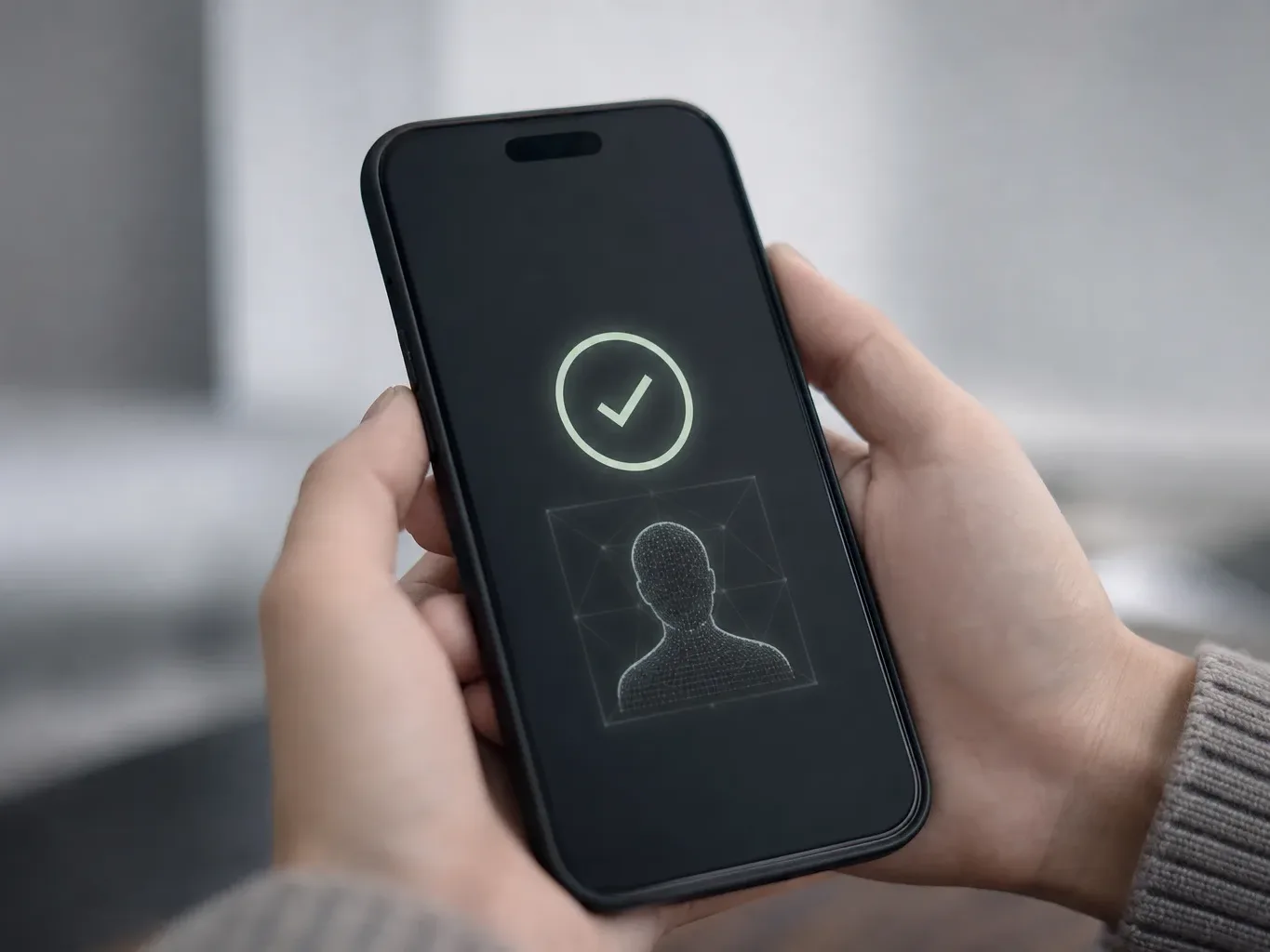 A close-up of a phone screen showing a digital identity verification confirmation tick