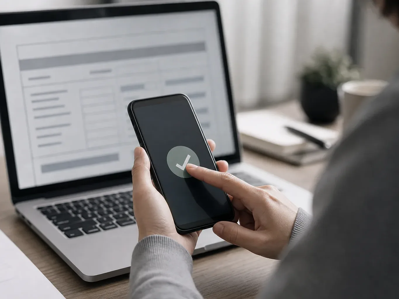 A close-up of a hand tapping a confirmation button on a smartphone next to an open laptop with a loan form