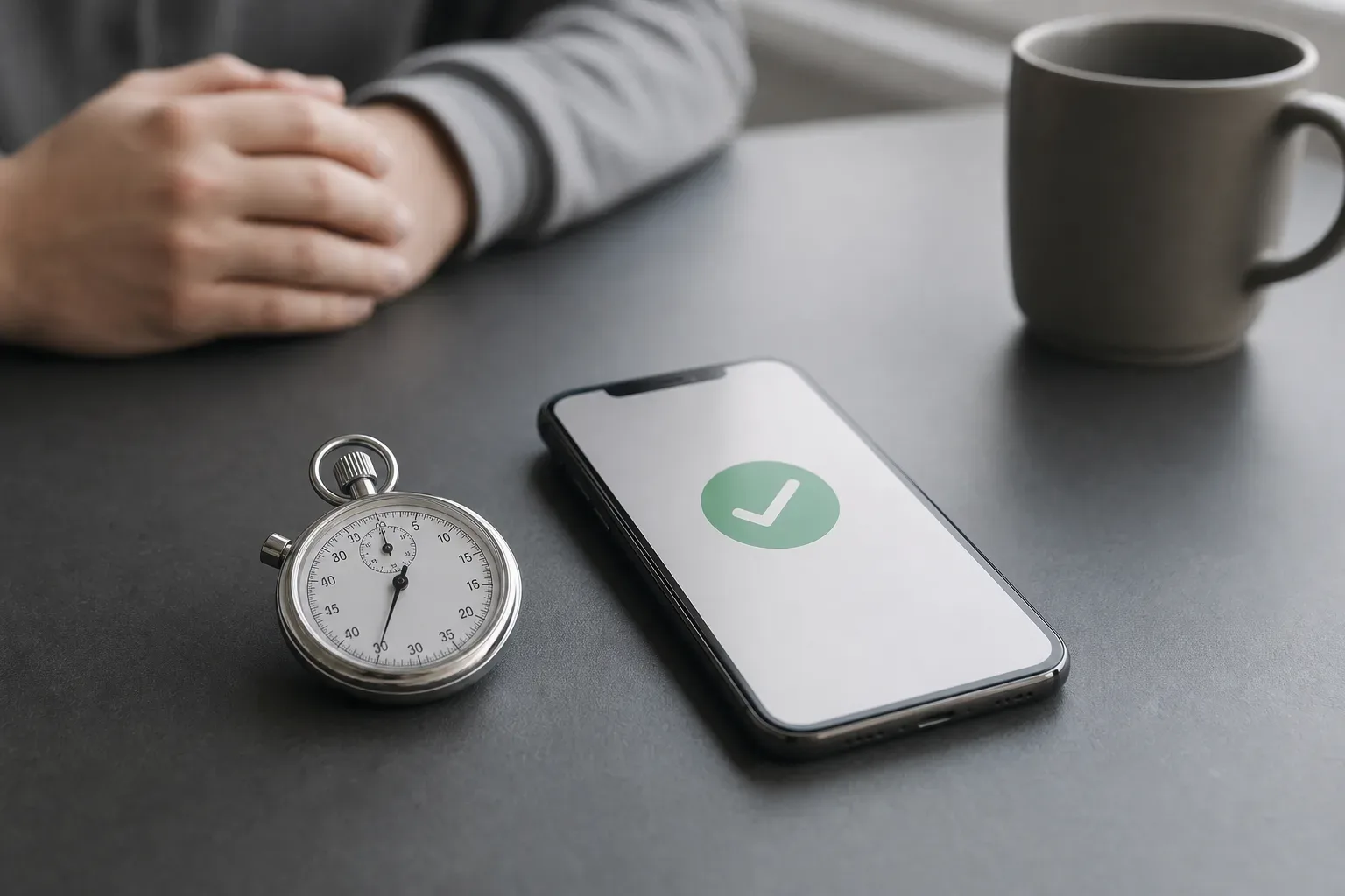 A stopwatch placed next to a phone showing a completed digital sign-in screen