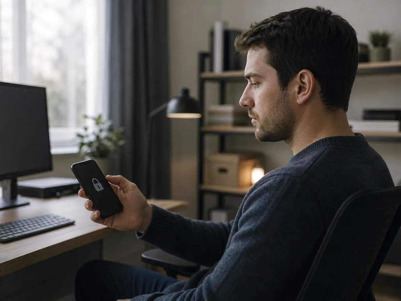 A person holding a smartphone with a lock icon visible on the screen, seated at a secure home workspace