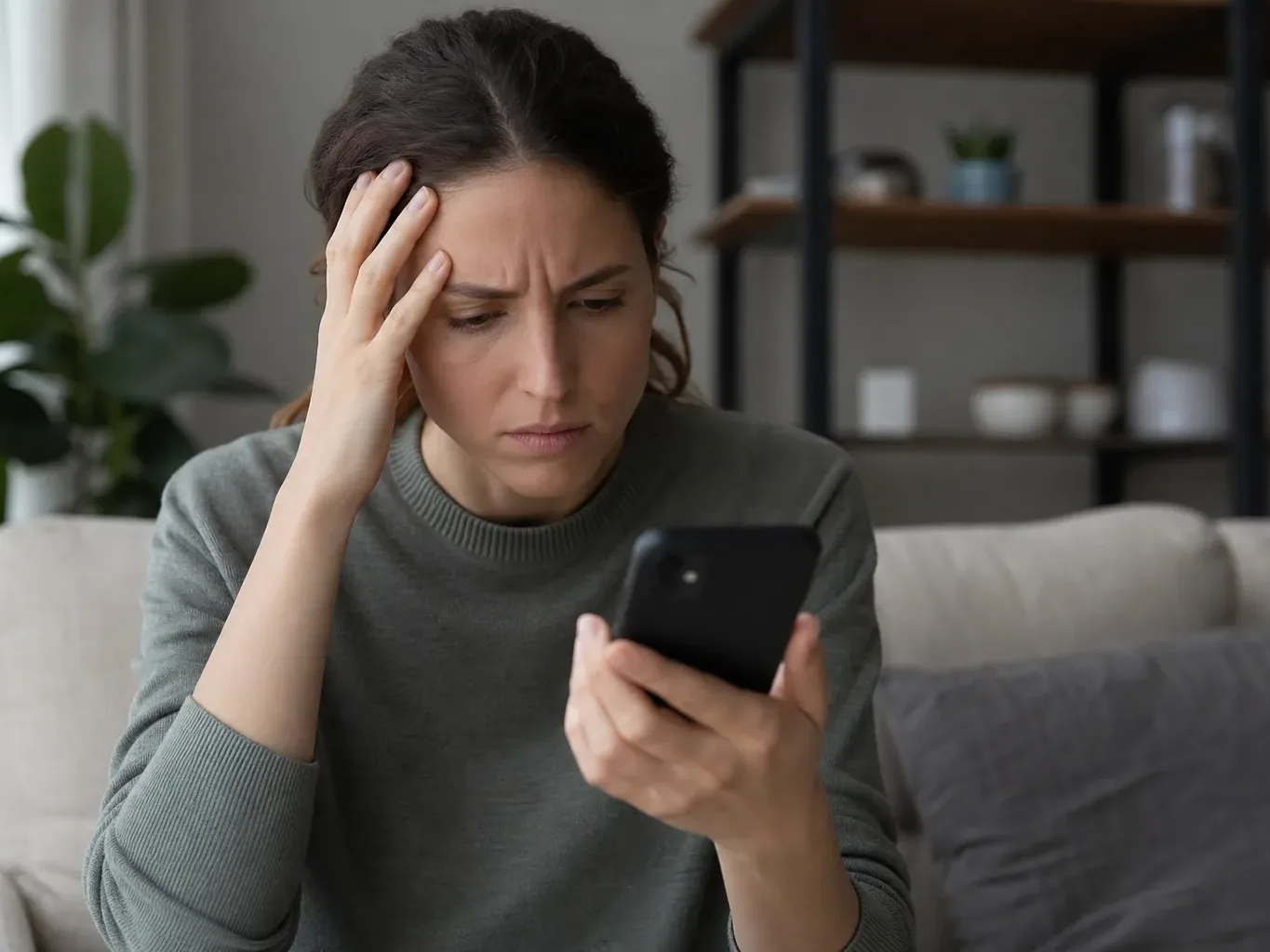 A person looking frustrated at an error message displayed on a smartphone screen
