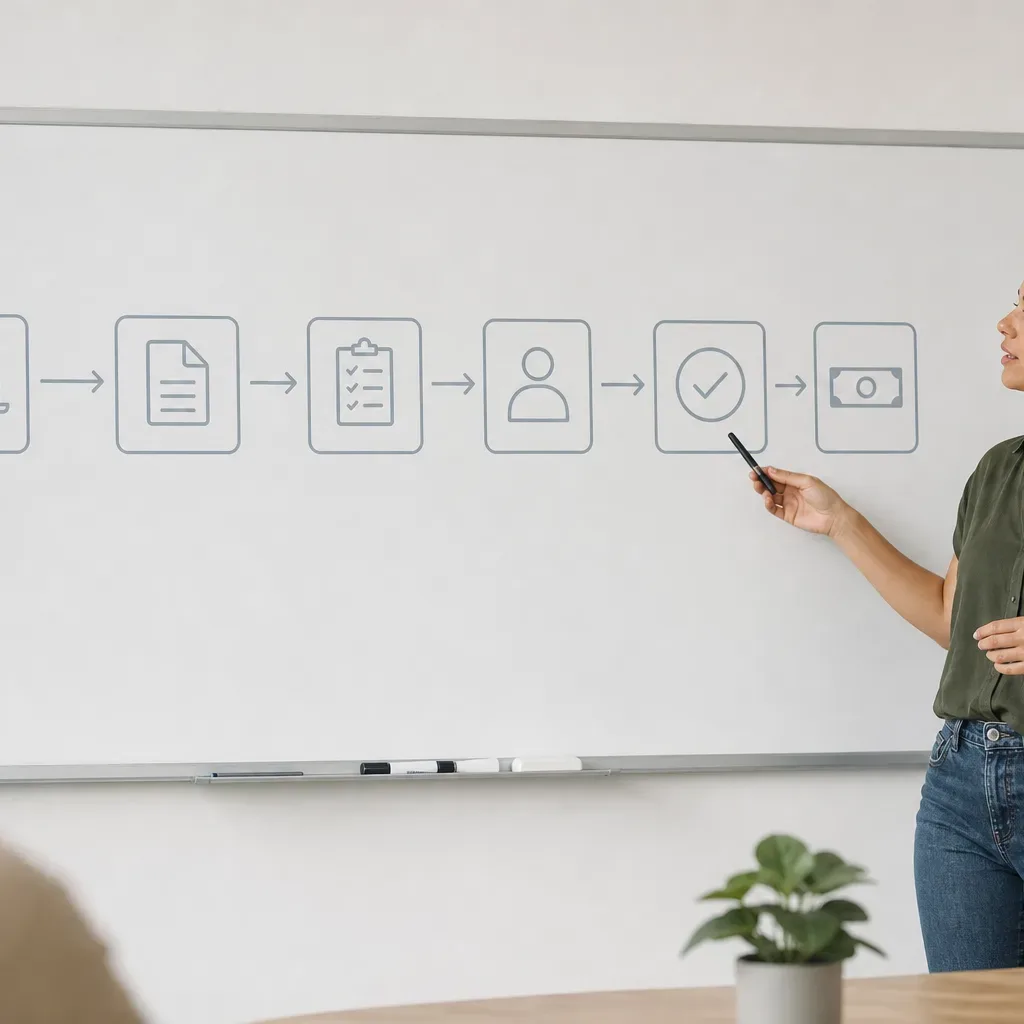 A simplified flowchart on a whiteboard showing the steps from online application to payout