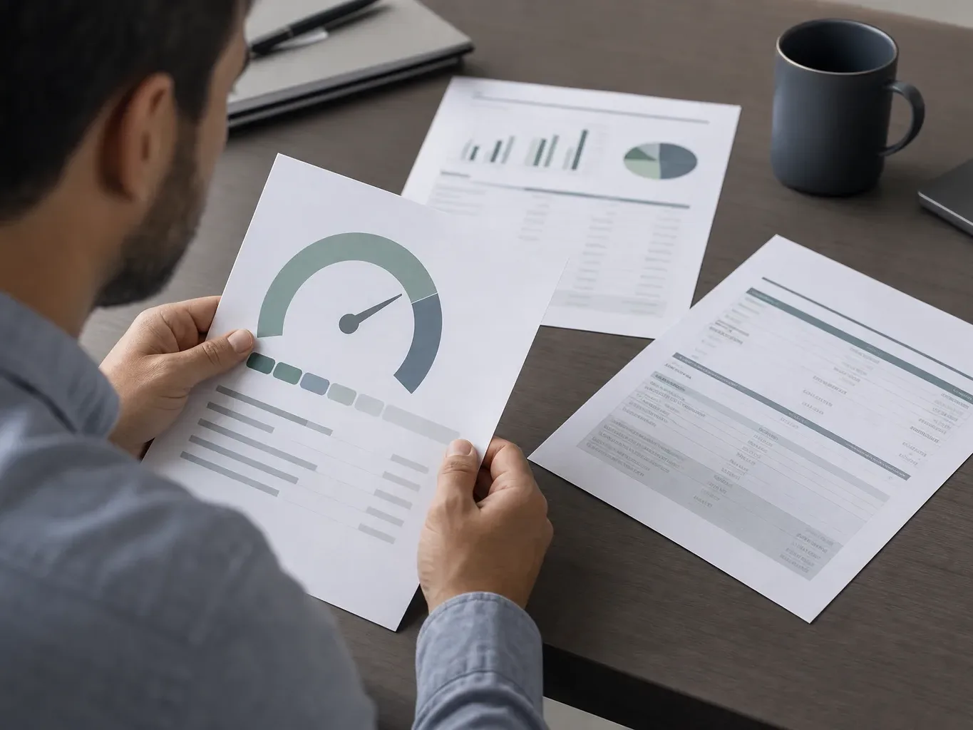 A credit score printout, an income statement and a loan term document arranged in a triangle on a desk