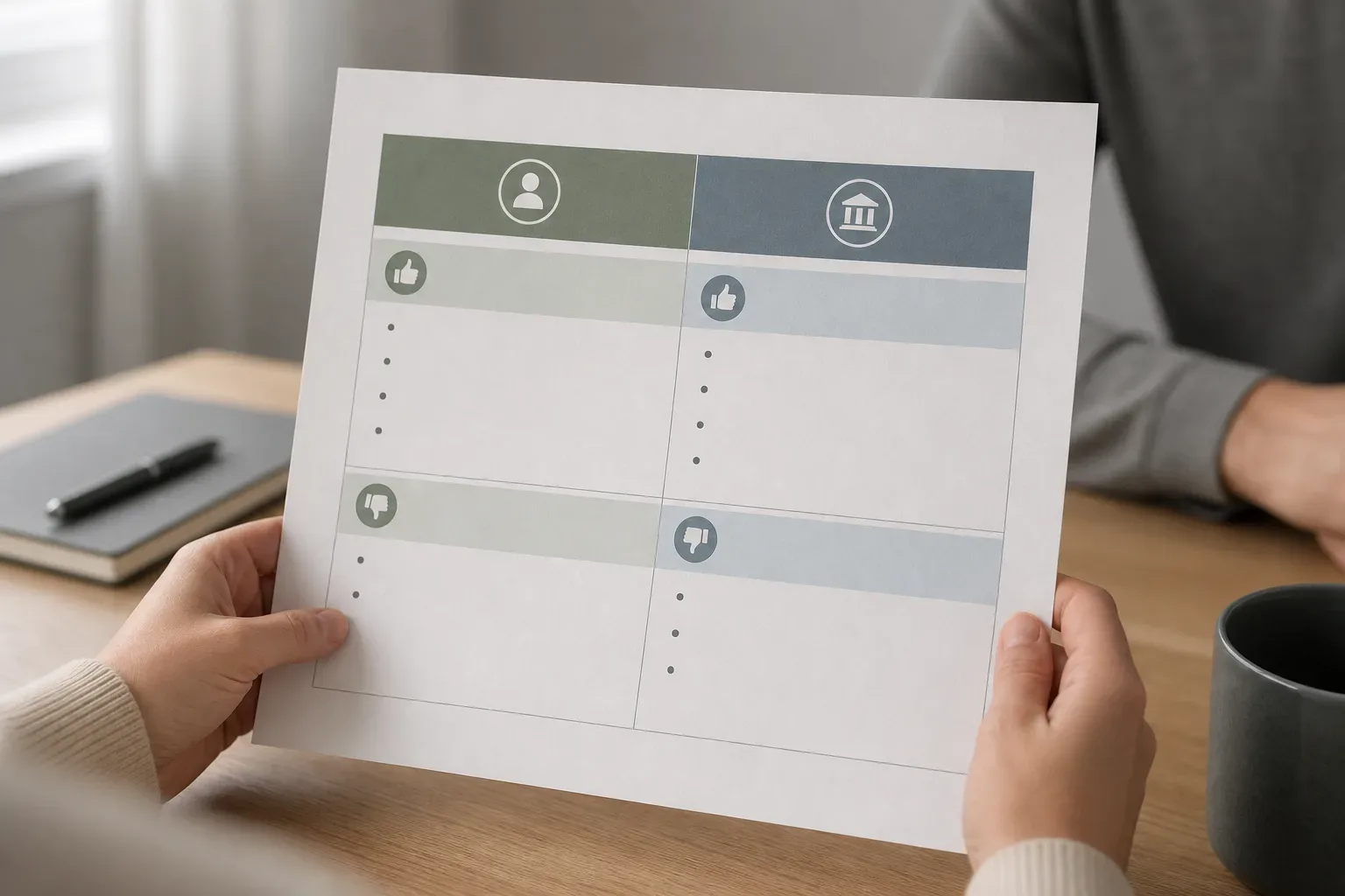 A side-by-side printed comparison table showing broker and direct lender columns with pros and cons