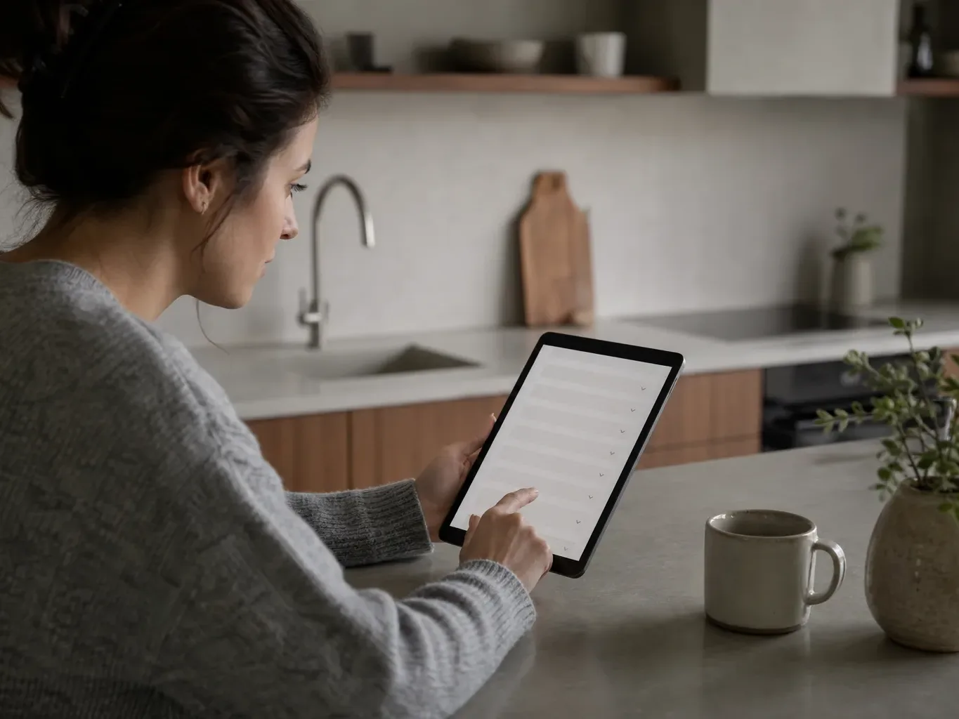 A person scrolling through an FAQ page on a tablet while sitting at a kitchen counter
