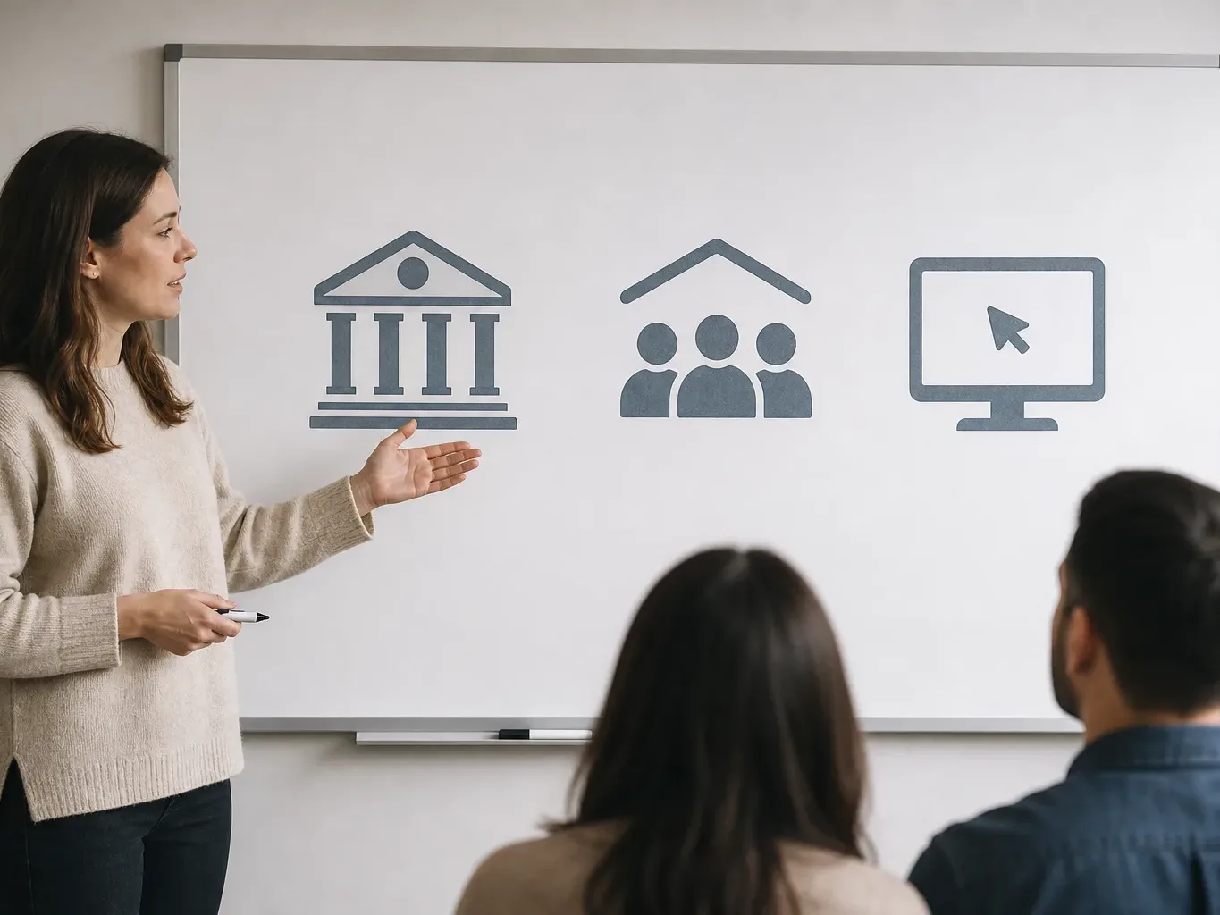 A diagram showing icons representing banks, credit unions, and online lenders arranged in a row on a whiteboard