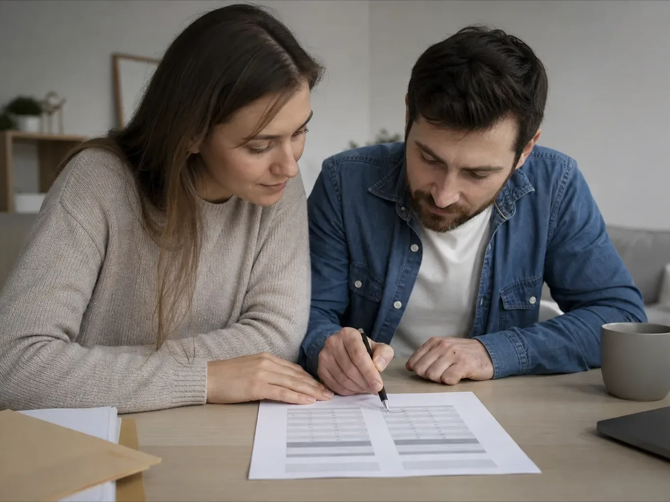 A side-by-side printed table of loan figures with a pen circling the lowest rate