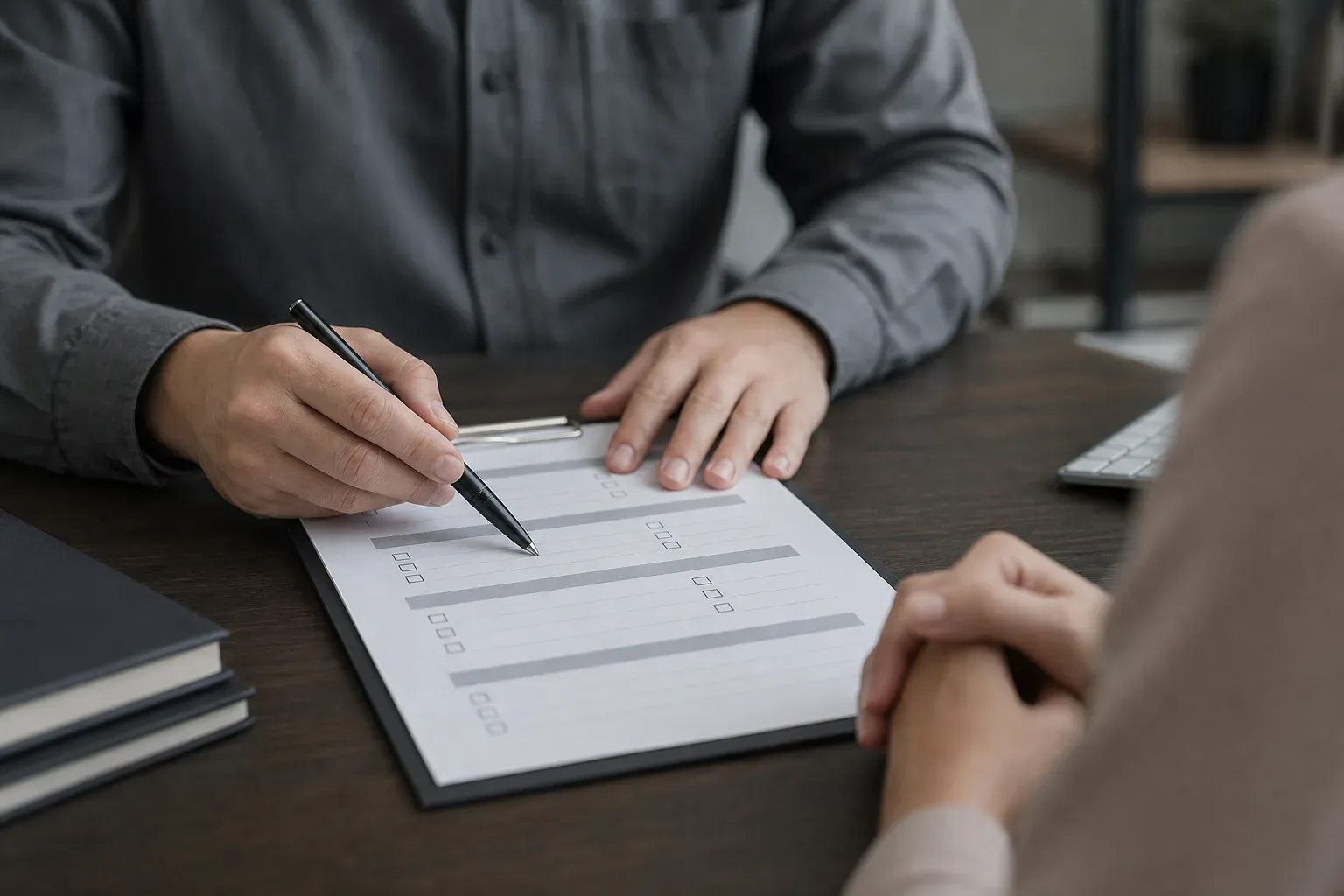 A lender's scoring sheet with checkboxes for income, credit history, and employment visible on a desk