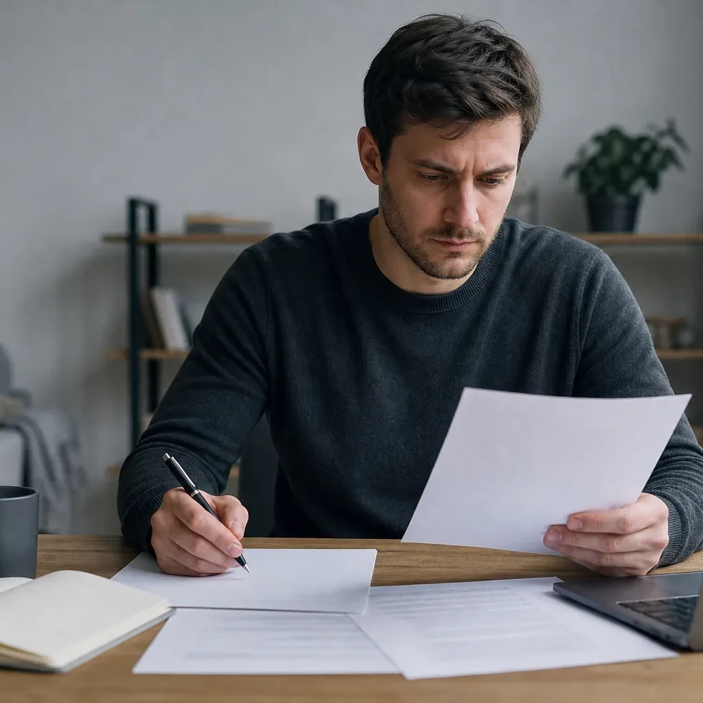 A person reading a consumer rights summary sheet before preparing a complaint document