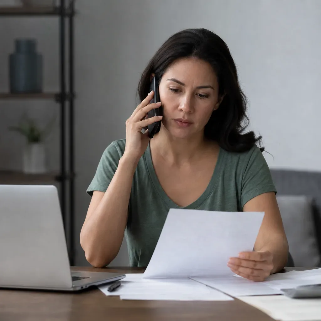 A person on the phone with a document in hand, seated at a desk with a loan statement visible