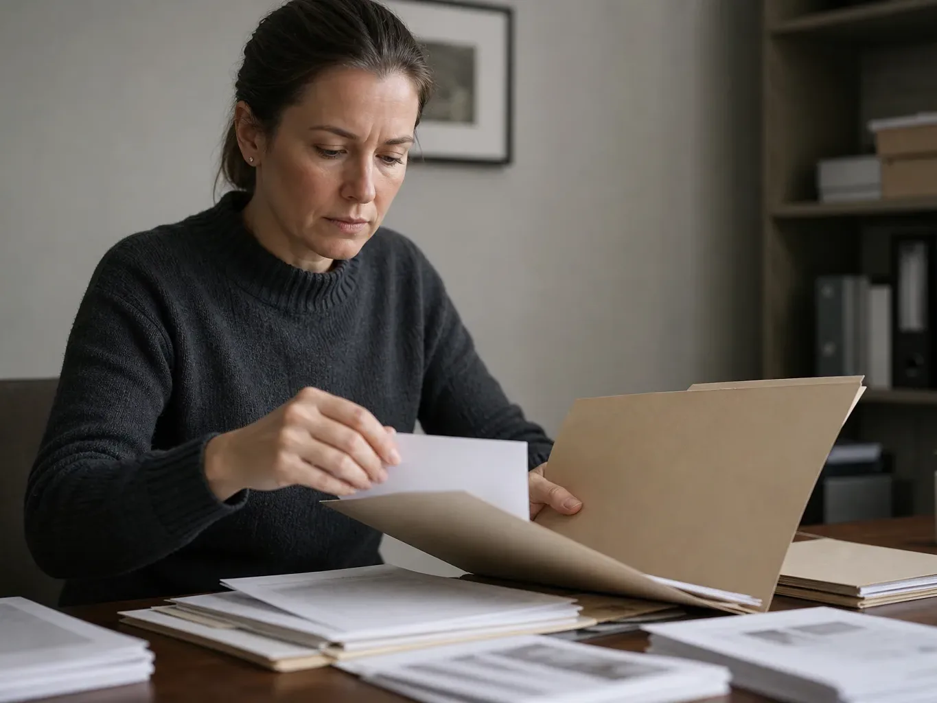 A person organising evidence documents into a labelled folder for a formal complaint submission