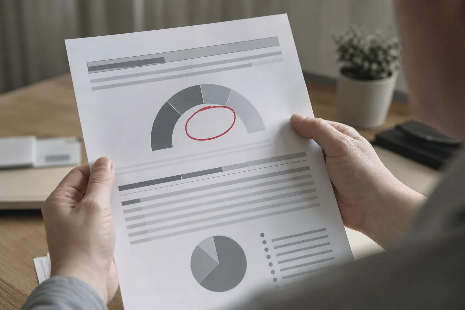 A close-up of a printed credit report with a score number circled in red pen