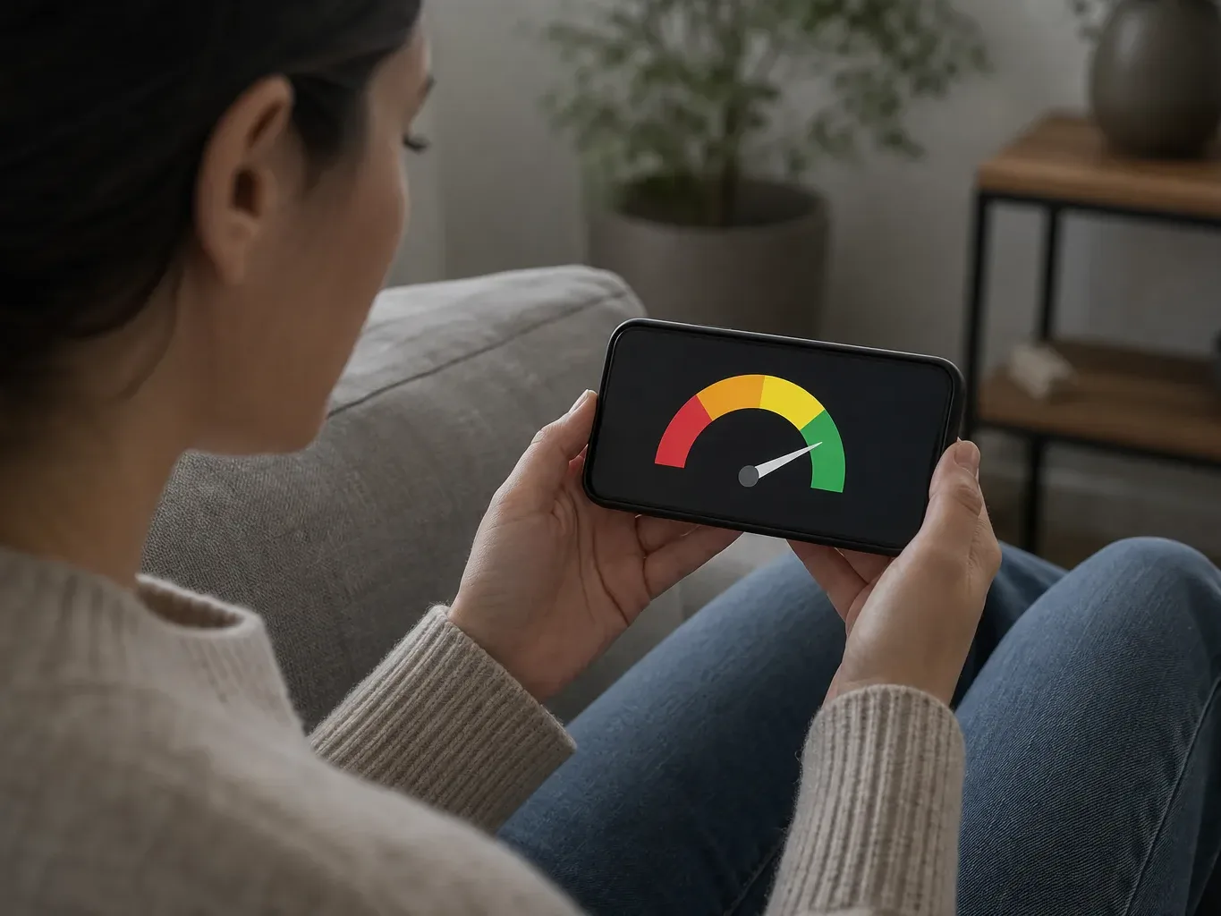 A person watching a credit score meter animation on a smartphone screen