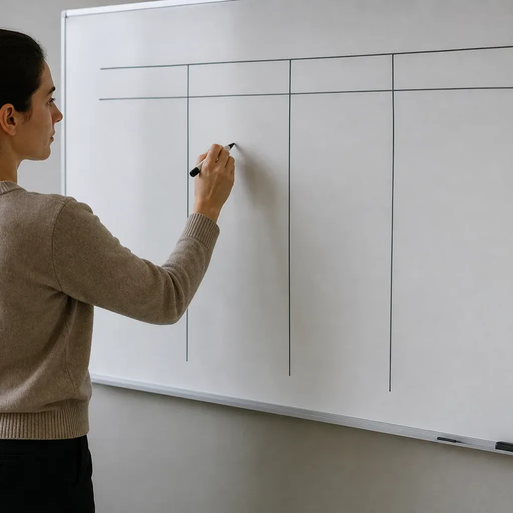 A person drawing a comparison table on a whiteboard with columns for different lender criteria