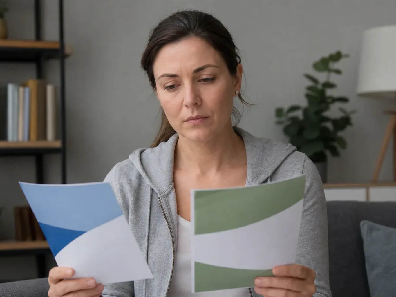 A person holding two information leaflets, one for a credit union and one for a bank, reading each