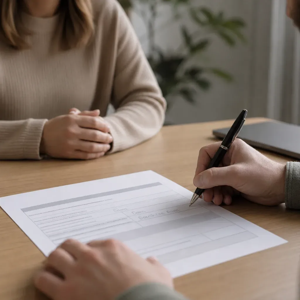 A printed loan term sheet with interest rate and repayment period fields filled in, on a desk