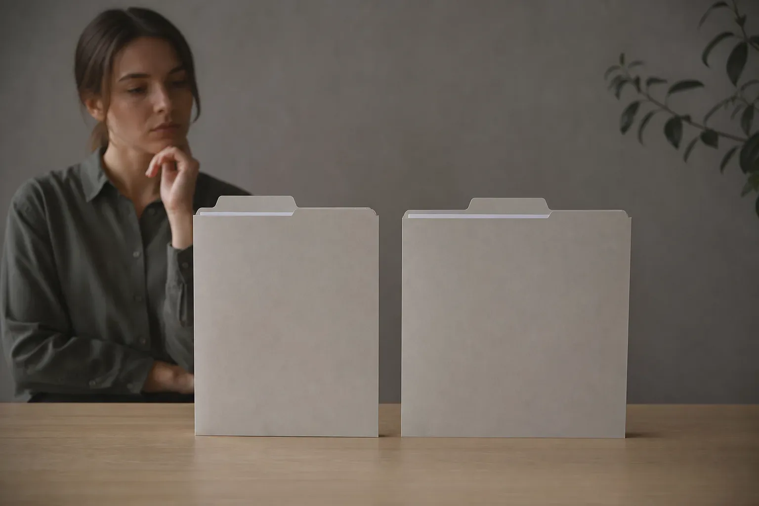 Two folders labelled with placeholder tags placed side by side on a table for comparison