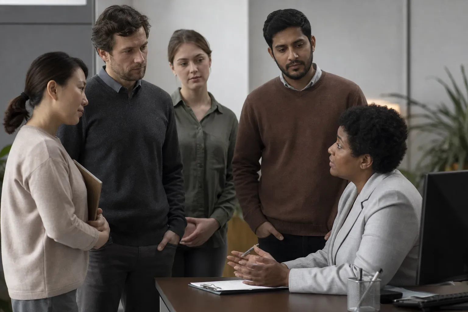 A mixed group of working adults gathered around a community lending officer at an information desk