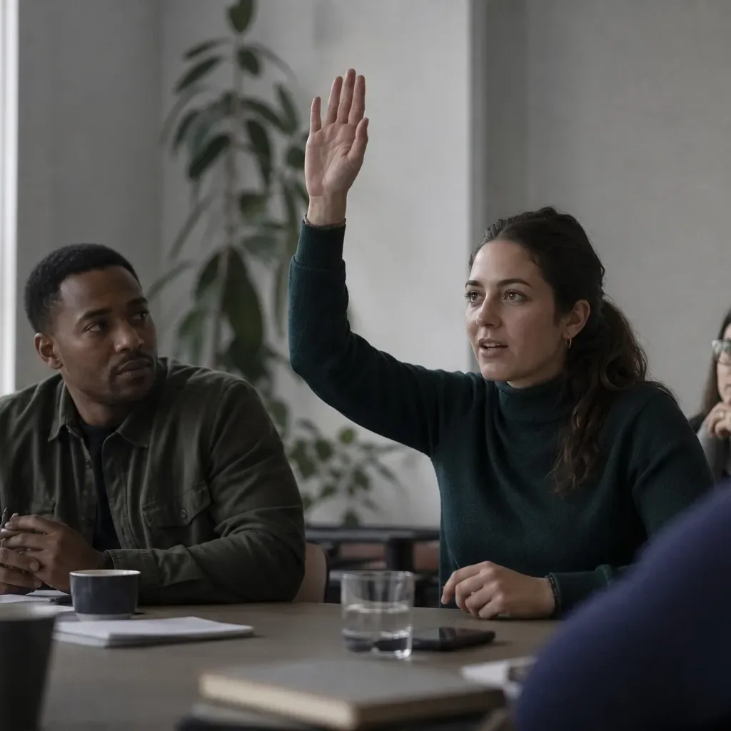 A person raising a hand to ask a question while seated in a small group meeting around a table