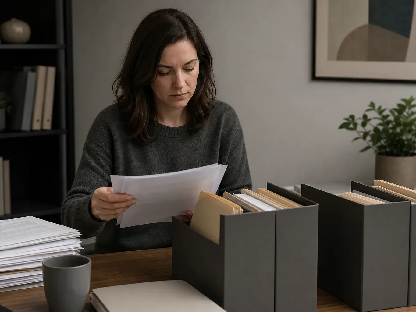 A person sorting through a stack of papers and placing them into labelled folders