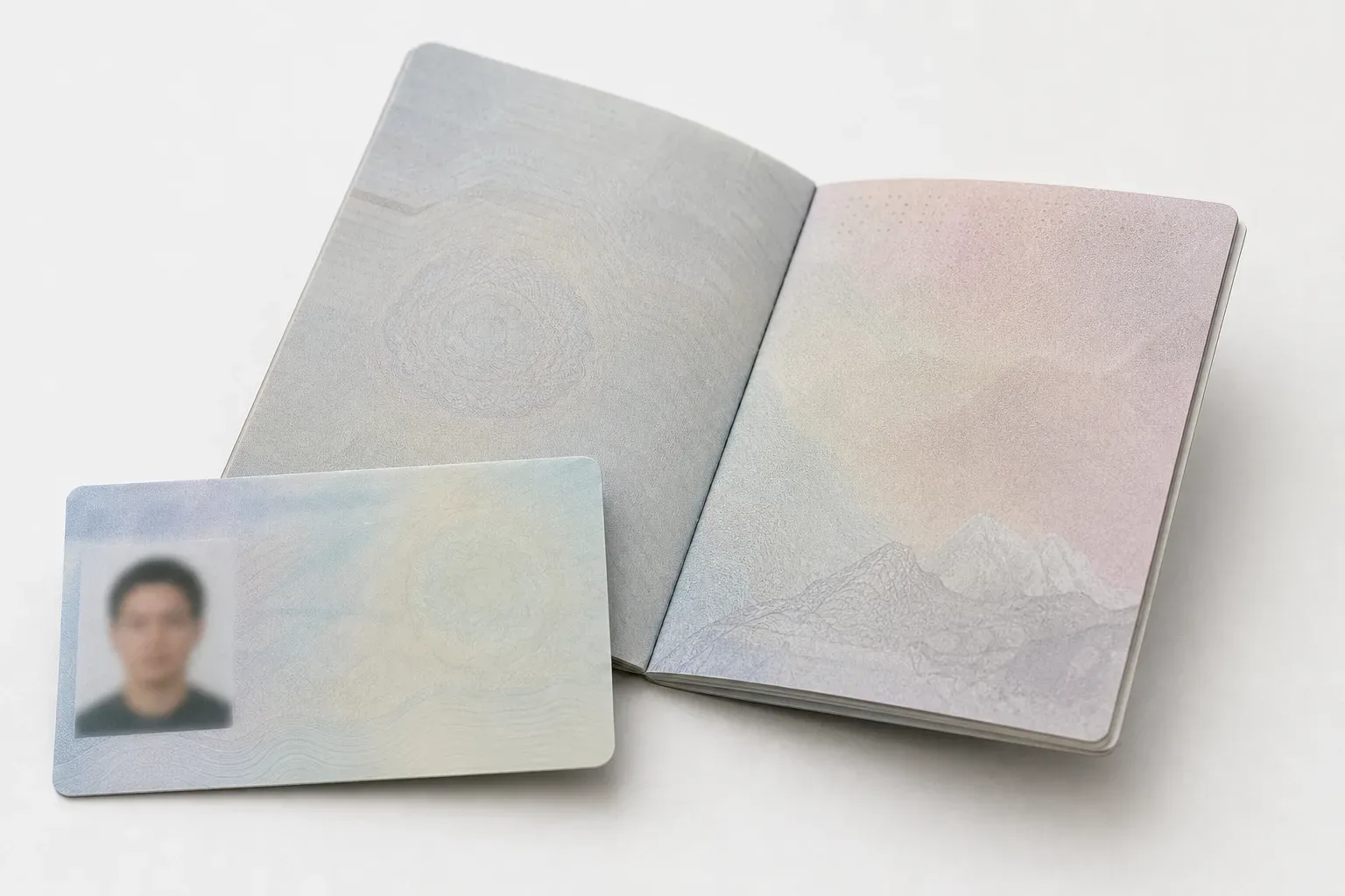 A national identity card and a passport placed open on a white surface