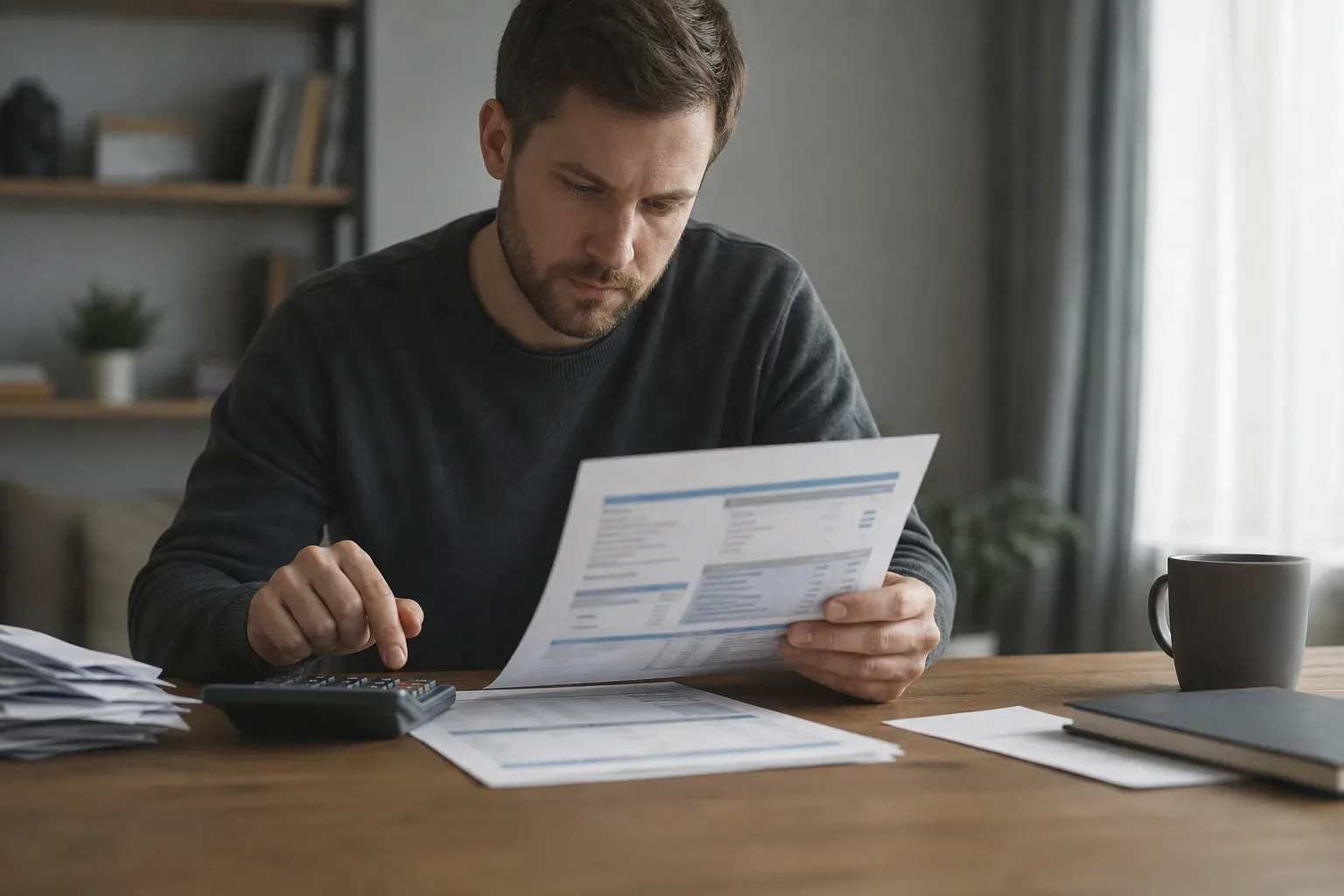 A printed credit report with a list of existing debts highlighted next to a calculator