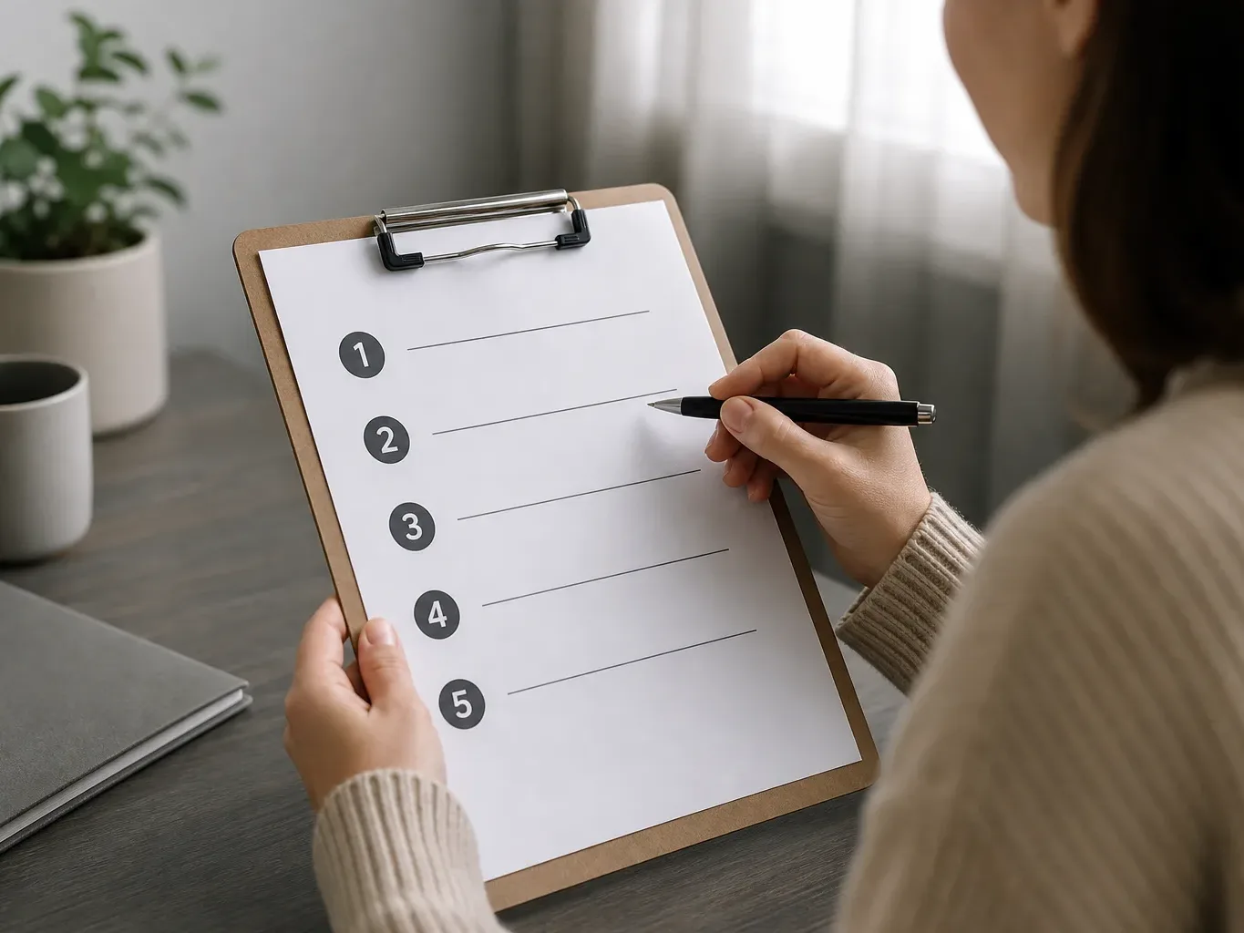 A numbered checklist on paper showing the steps to contact a lender and request an early settlement figure