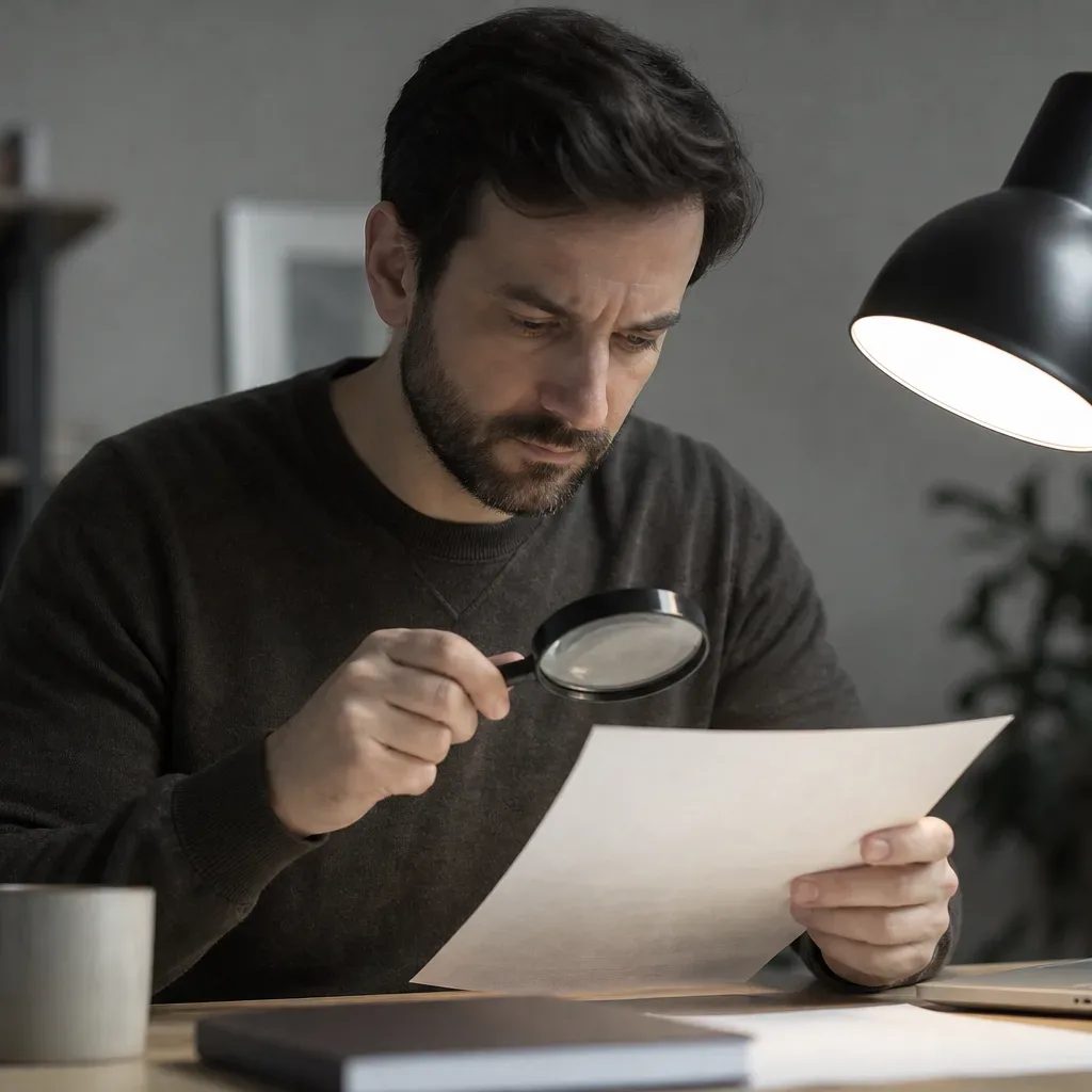 A person reading the fine print of a loan contract under a desk lamp with a magnifying glass