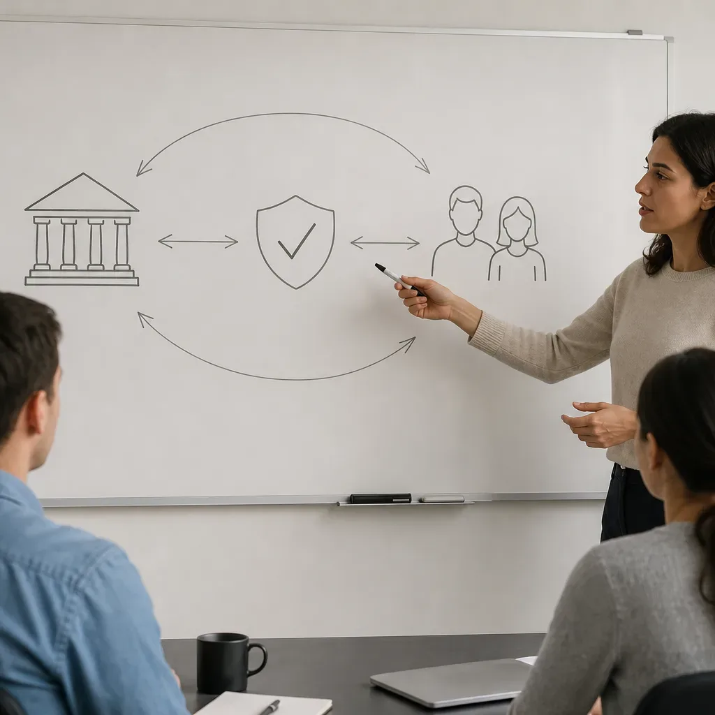 An overview diagram on a whiteboard showing the regulator's role between lenders and borrowers