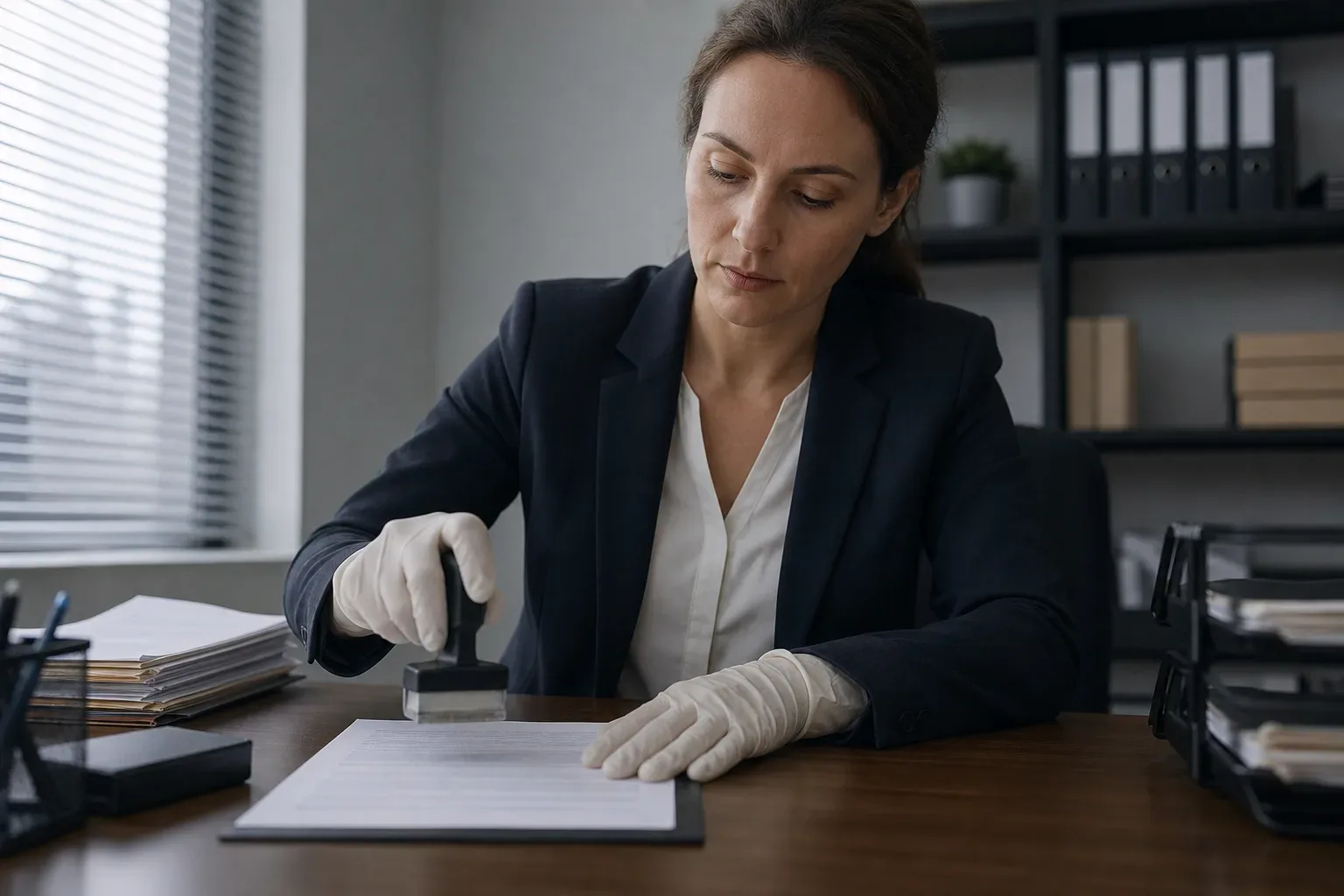 A complaint letter on a desk with an official review stamp being applied by a gloved hand