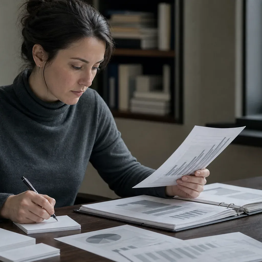 A person writing regulatory questions on an index card while reading a financial oversight report