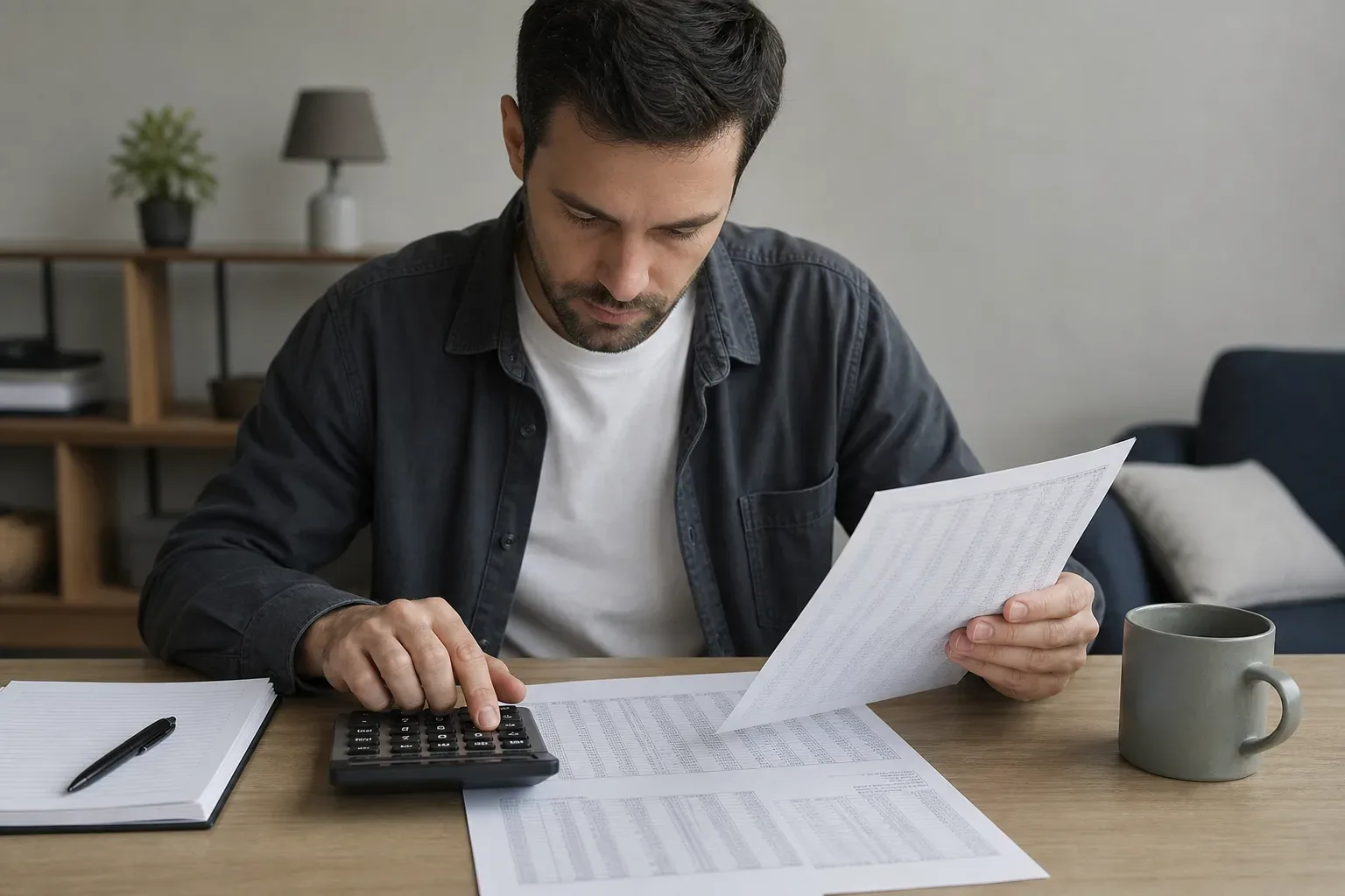 A person using a financial calculator while reviewing a loan amortization table