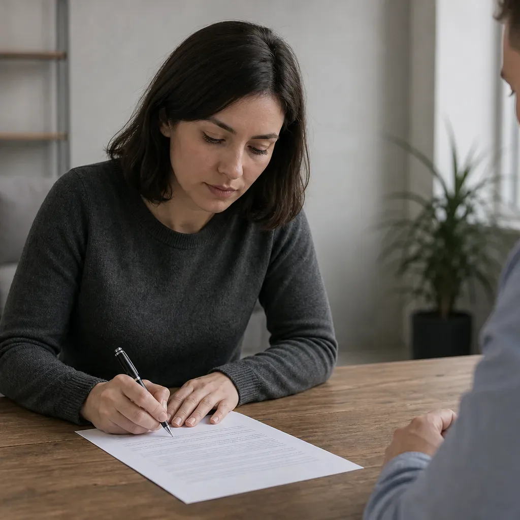 A person signing a single-page loan contract with a ballpoint pen