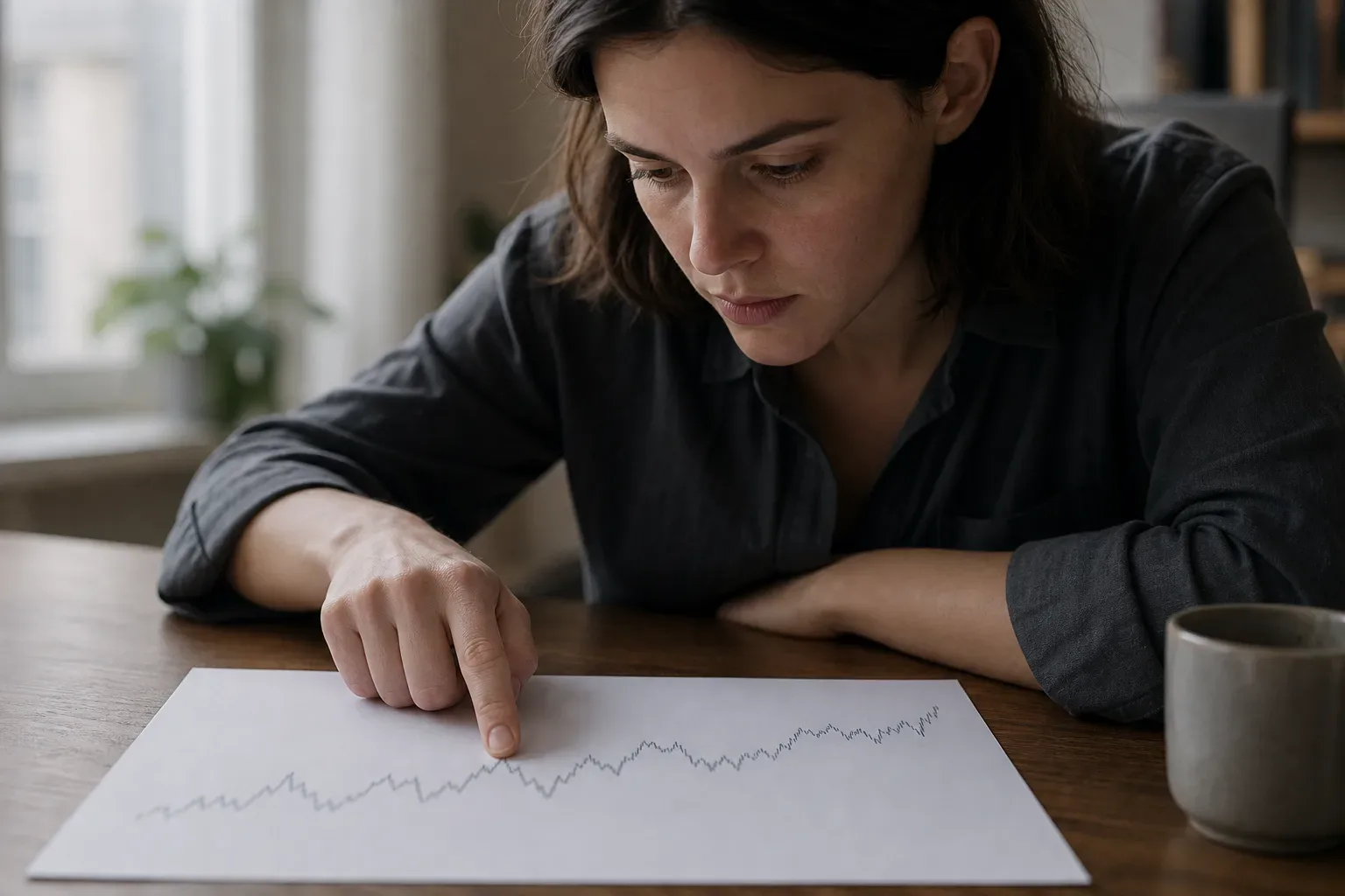 A zigzag graph printed on paper with a person's finger tracing the fluctuating line