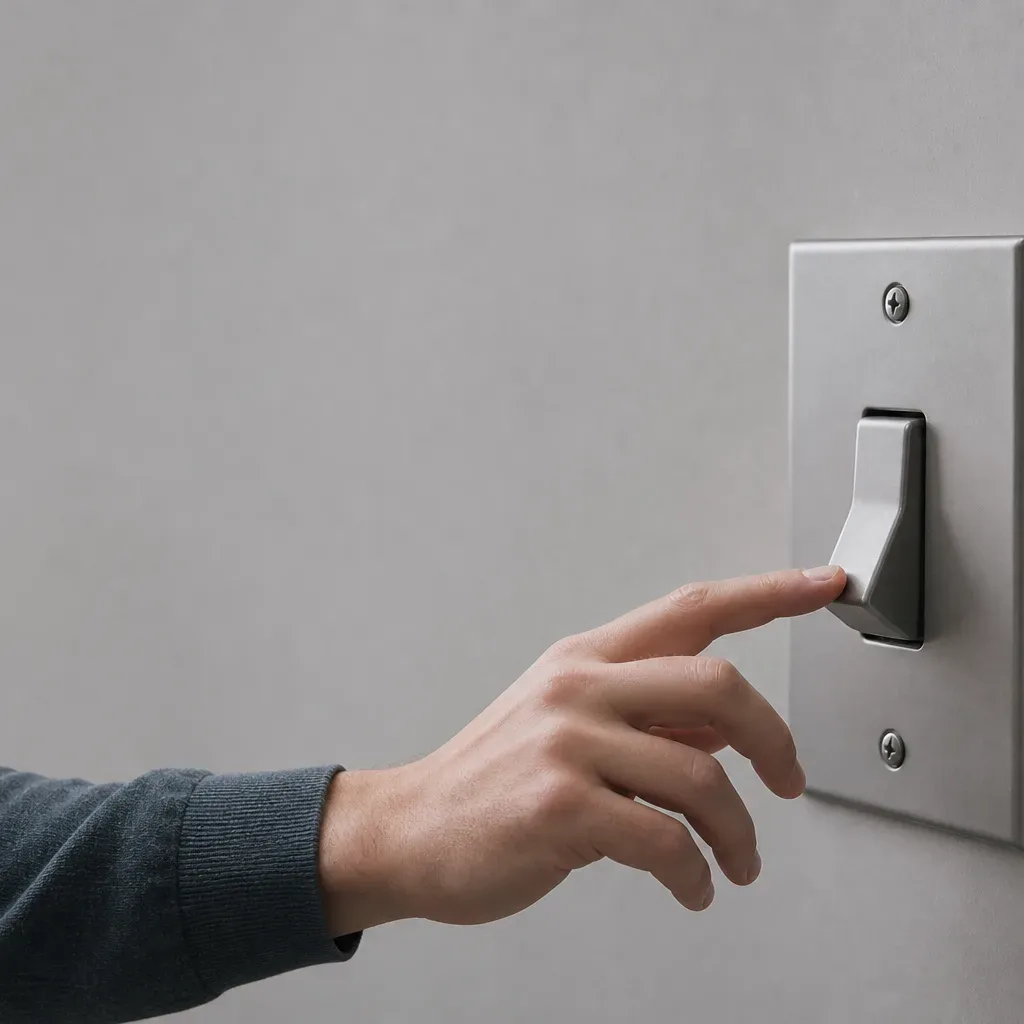 A hand reaching to toggle a large physical switch mounted on a neutral background