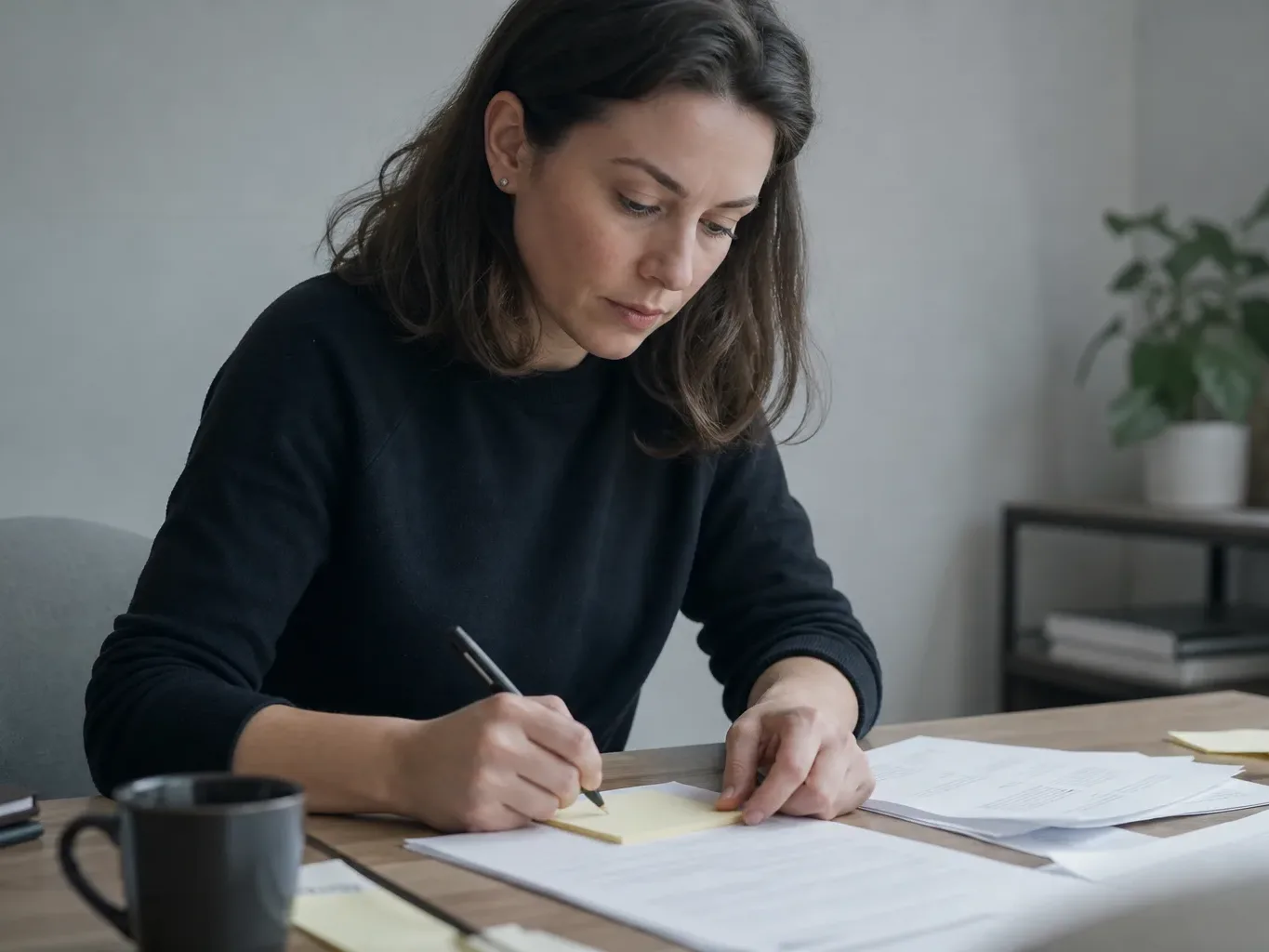 A person writing questions on a sticky note and attaching it to a document