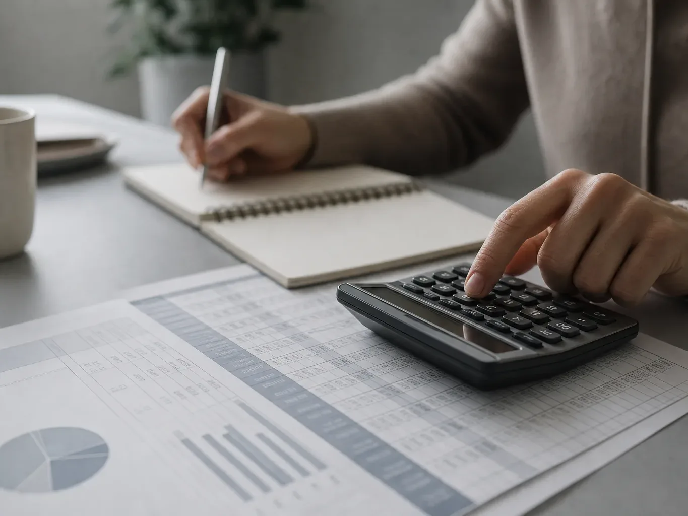 A close-up of a calculator and a monthly budget spreadsheet laid out on a desk